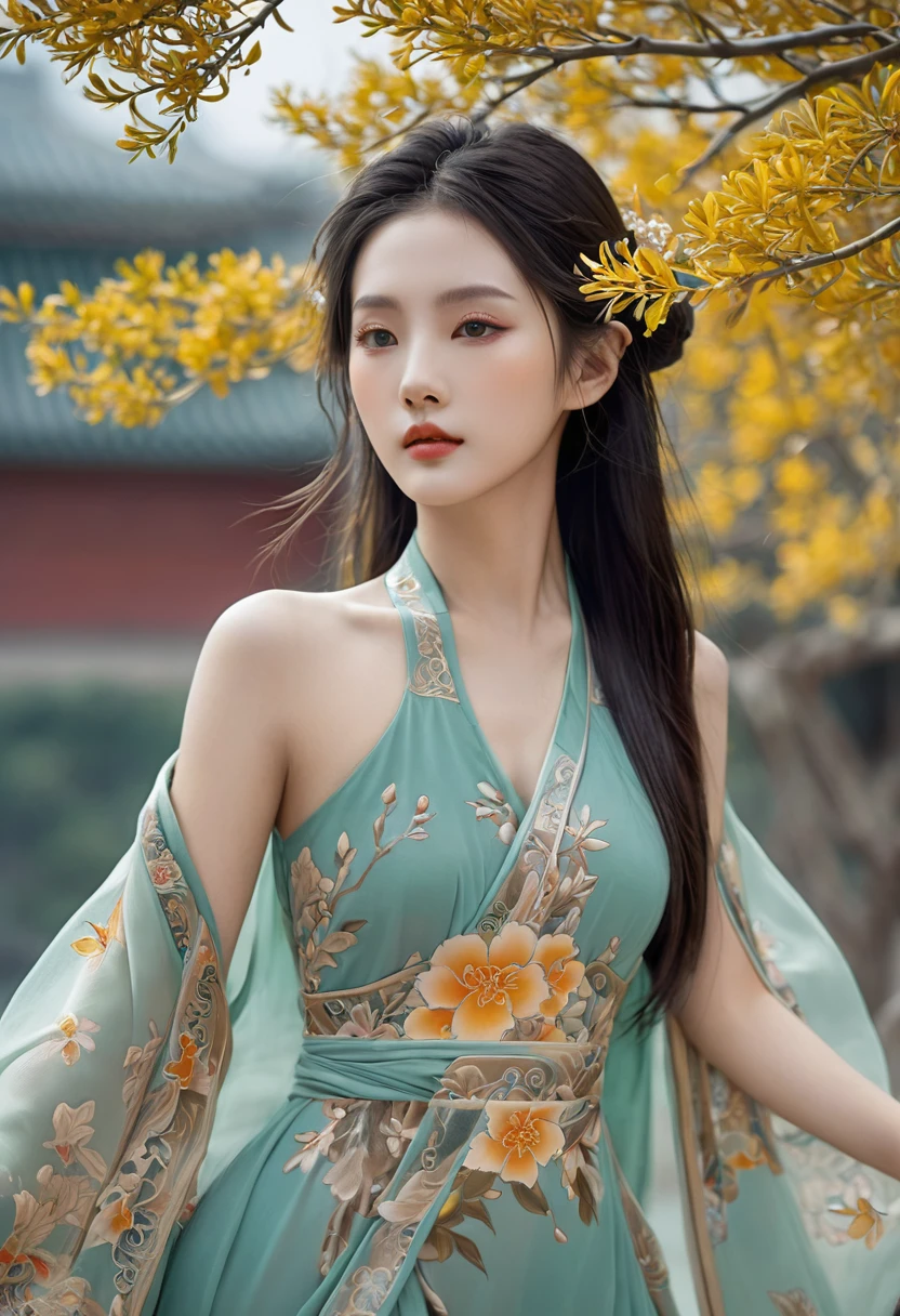 Chinese Beauty, Charming temperament, floating long dress, Clear face, beautiful eyes, Around osmanthus flowers, A masterpiece of perfect body structure proportions, Very detailed, Epic Composition, Color Tattoo Art, Neo-Traditional Tattoo Art, SD tattoo design, Color Tattoo Art, Mysterious and warm and friendly atmosphere, Surrealism, Ultra HD, high quality, best quality, 32K --v 6