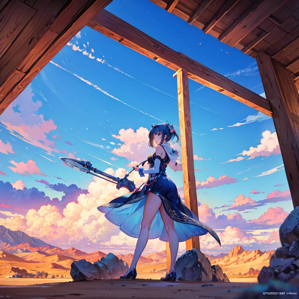 Masterpiece, ultra detailed, beautiful,Super Saturation, desert,1 girl, desert princess, anime picture, arcadia , from a distance, landscape,Nevada,desert:1.6