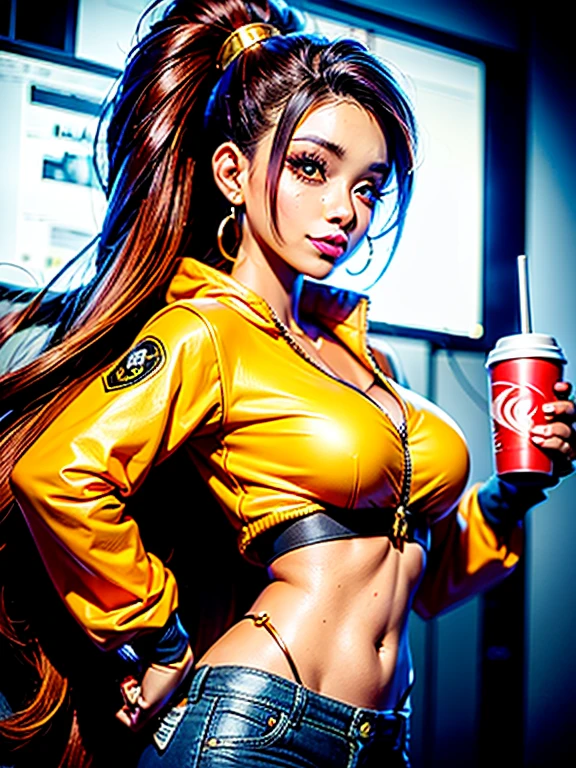 a woman in a yellow jacket and blue jeans and shirt, holding a cup of coffee, extremely detailed artgerm, anime girl drinks energy drink, senna from league of legends, 24K UHD