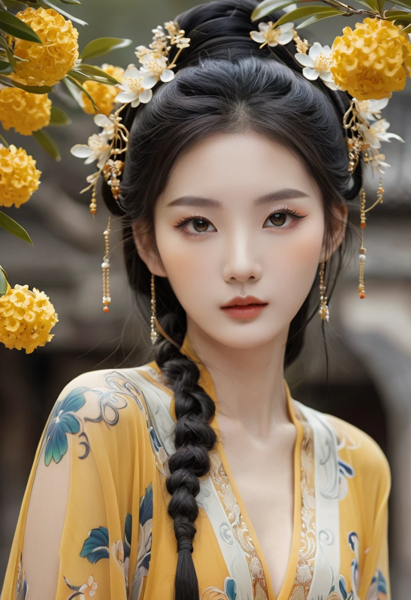 Chinese Beauty, Charming temperament, floating long dress, Clear face, beautiful eyes, Around osmanthus flowers, A masterpiece of perfect body structure proportions, Very detailed, Epic Composition, Color Tattoo Art, Neo-Traditional Tattoo Art, SD tattoo design, Color Tattoo Art, Mysterious and warm and friendly atmosphere, Surrealism, Ultra HD, high quality, best quality, 32K --v 6