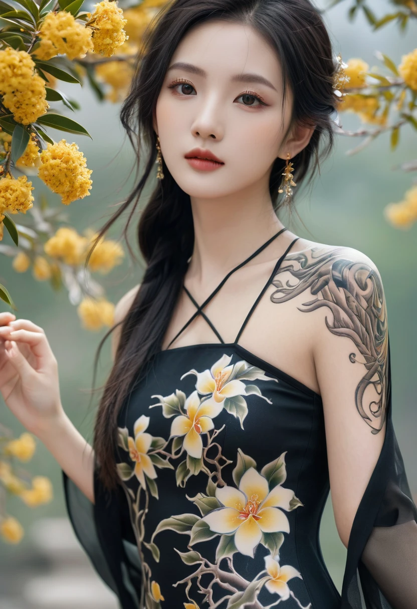 Chinese Beauty, Charming temperament, floating long dress, Clear face, beautiful eyes, Around osmanthus flowers, A masterpiece of perfect body structure proportions, Very detailed, Epic Composition, Color Tattoo Art, Neo-Traditional Tattoo Art, SD tattoo design, Color Tattoo Art, Mysterious and warm and friendly atmosphere, Surrealism, Ultra HD, high quality, best quality, 32K --v 6
