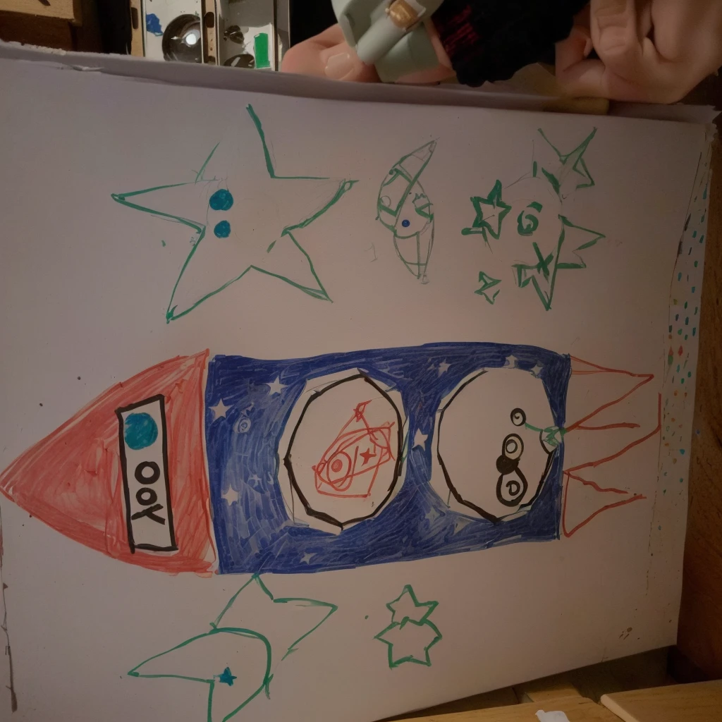 drawing of a rocket with a star and a planet on it, childrens drawing, children's artwork, kid's drawing, childs drawing, a child's drawing, based on child's drawing, hand drawn, children's book drawing, inspired by Marcell Chagall, art project, a drawing, child's drawing, handdrawn, added detail, beginner art, children's drawing