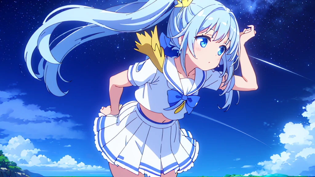 A nice white shirt that lets you see.. 、Light blue flared skirt with ruffles、She lifts her skirt with both hands to show off her pretty white underwear..、Cute white underwear visible when you lift your skirt..、sandy beach, beautiful sea, night and starry sky small breasts blue hair