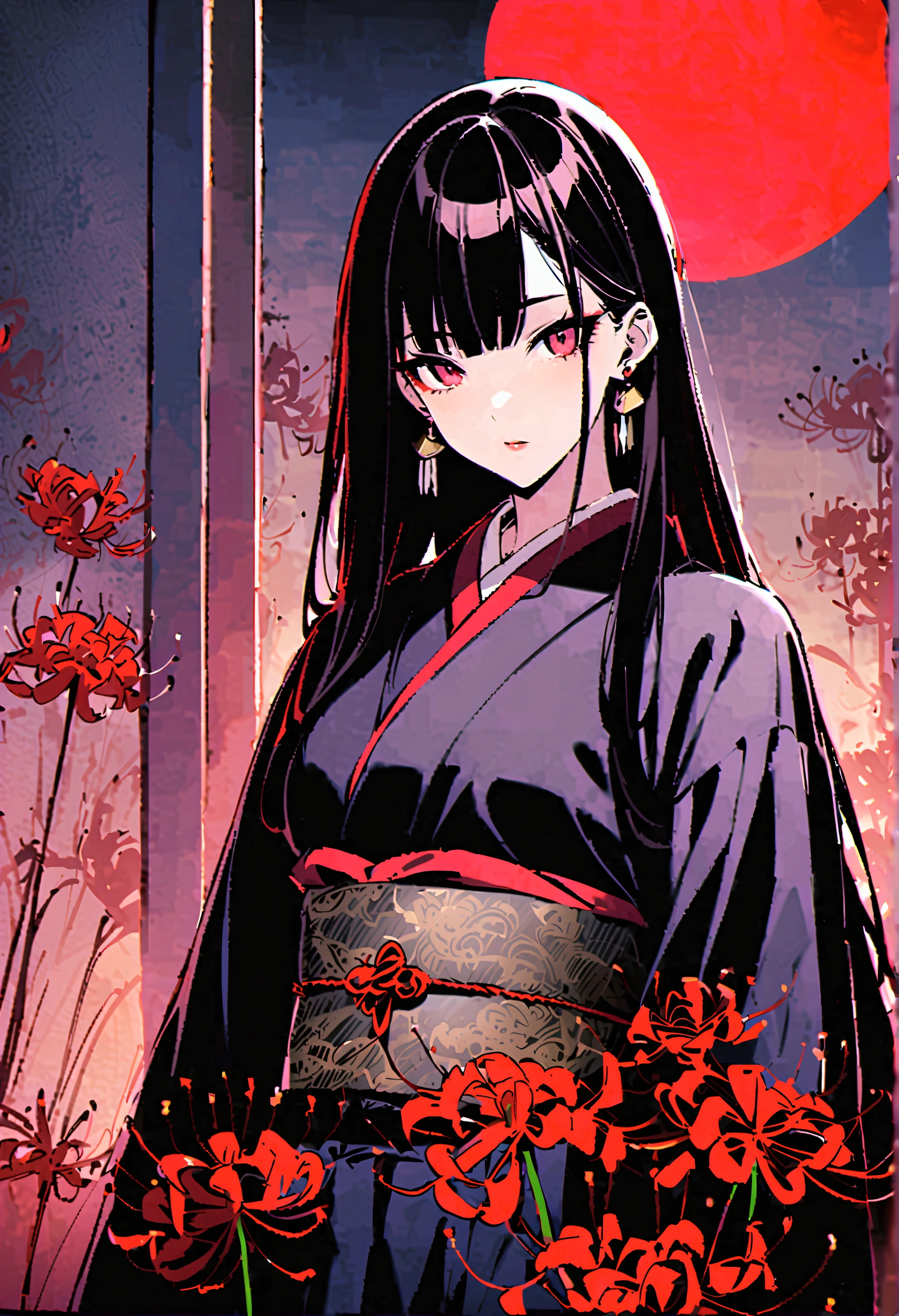 Red light district、midnight、Red full moon、Prostitute、Black straight hair、Pipe、Smoke fills、Red eyeshadow、Black kimono、Black and red spider lily kimono、Powder、earrings、Higan flowers in full bloom、Sidelong glance、Blackheads under the eyes、