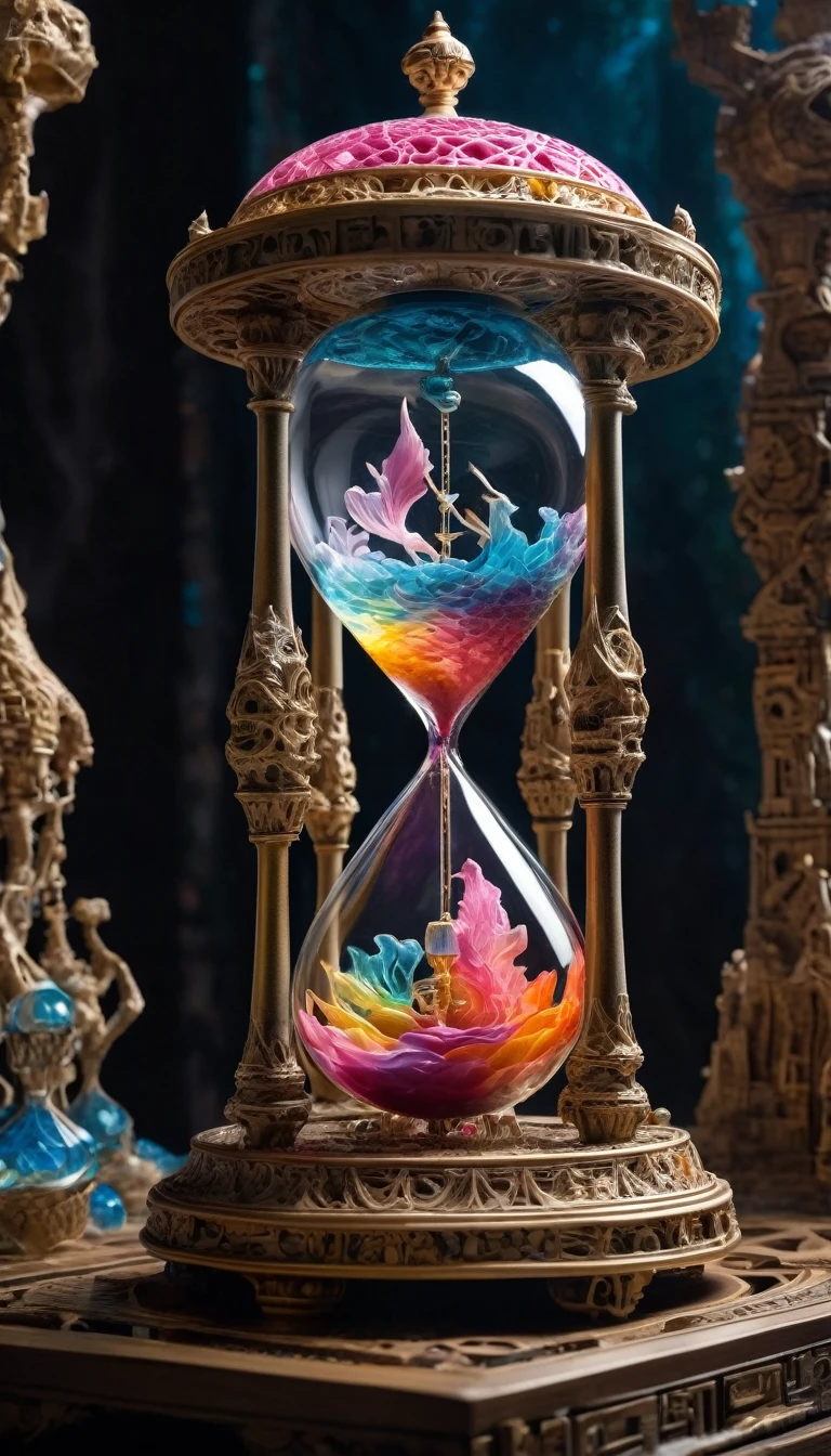 (Surreal, complex, Ultra-high resolution masterpiece), (Colorful 3D printed art), (A Closer Look at Zoogs:1.5), (A mythical realm where time stands still, Hourglass floating,The ancient bell is still.), (light, shining, complex details, Patchwork:1.25), (high quality, Very detailed, Clear focus, 8K Ultra HD, Masterpiece Art)