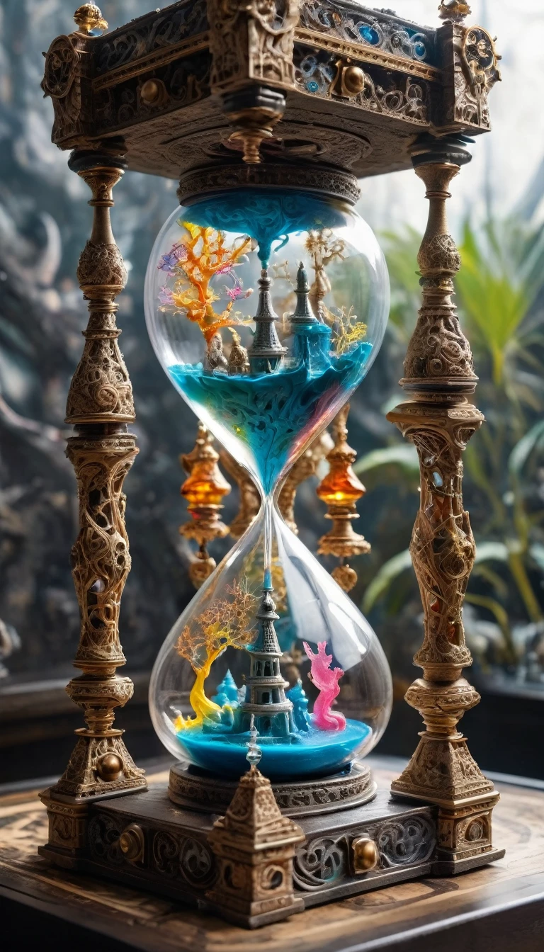 (Surreal, complex, Ultra-high resolution masterpiece), (Colorful 3D printed art), (A Closer Look at Zoogs:1.5), (A mythical realm where time stands still, Hourglass floating，The ancient bell is still.), (light, shining, complex details, Patchwork:1.25), (high quality, Very detailed, Clear focus, 8K Ultra HD, Masterpiece Art)