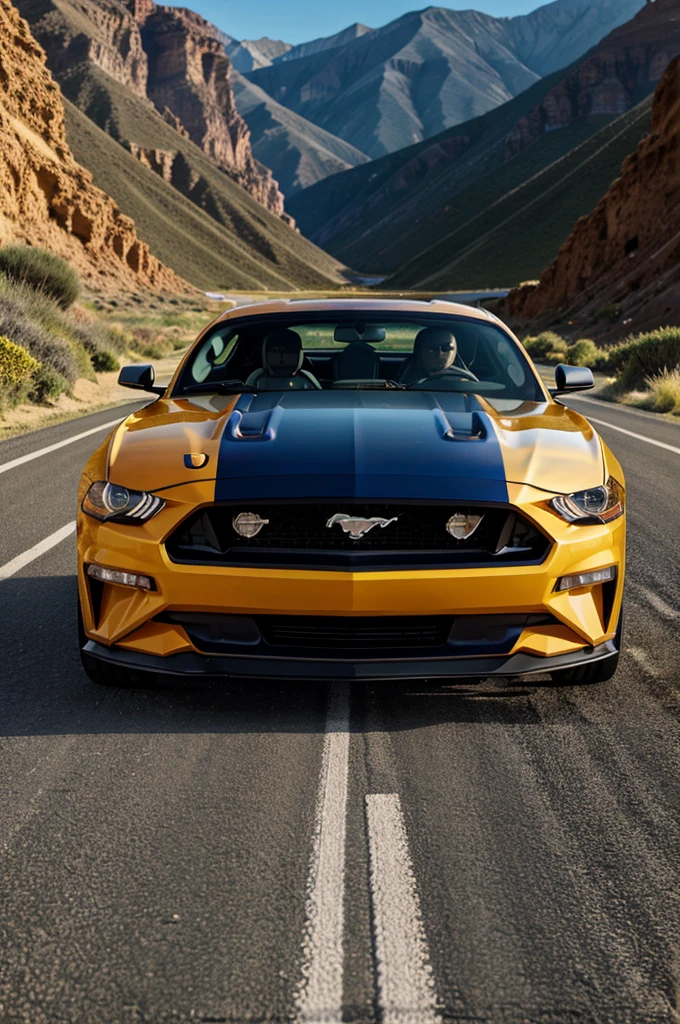 Mustang car front view with high exposure standing on a narrow road high quality
