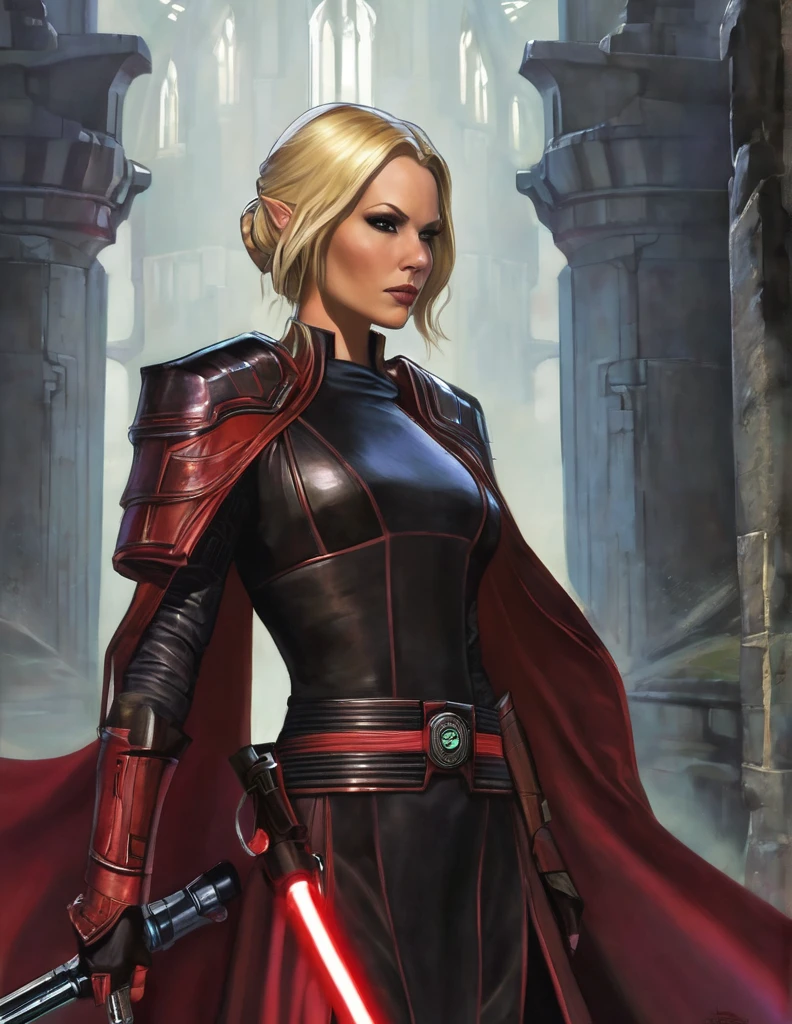 Une femme blonde seule, lagartha, en seigneur sith, inspiré de star Wars old republic, en armure moulante noir, marche dans des ruines d'un temple sith de koriban sombre, sabre laser rouge en main, a un regard fort, un visage sadique et ensorcelante, démarche gracieuse, courbe parfaite pour le corps.