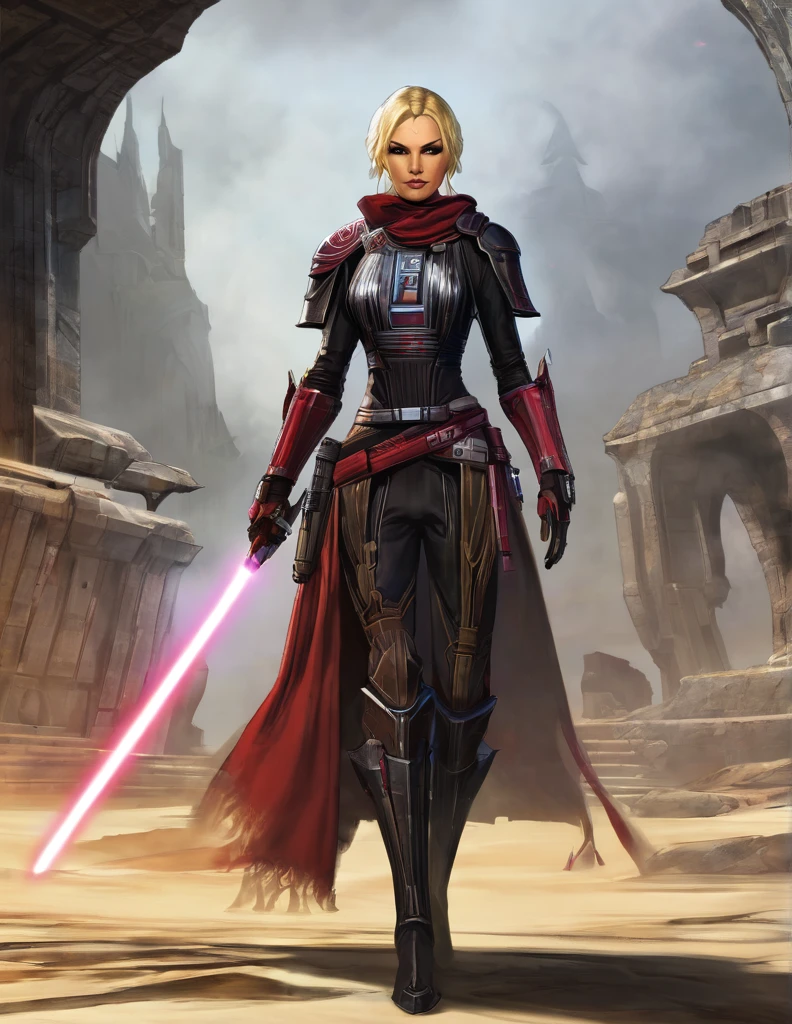 Une femme blonde seule, lagartha, en seigneur sith, inspiré de star Wars old republic, en armure moulante noir, marche dans des ruines d'un temple sith de koriban sombre, sabre laser rouge en main, a un regard fort, un visage sadique et ensorcelante, démarche gracieuse, courbe parfaite pour le corps.