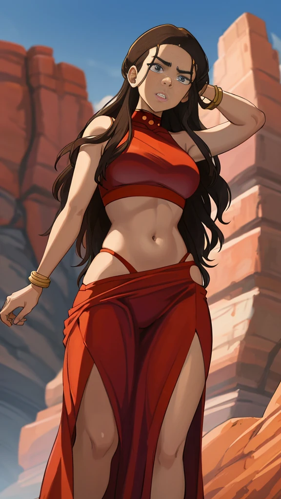 masterpiece, best quality, highres, highest quality, absurdres, kataras3, dark skin, traditional media, (painting \(medium\)), bracelet, long hair, brown hair, crop top, midriff, navel, sharp expressive eyes, perfect face, wide hips, thick lineart, atmospheric lighting, smooth, beautifully detailed riverbank background, cinematic composition, Joe Madureira, red clothing,