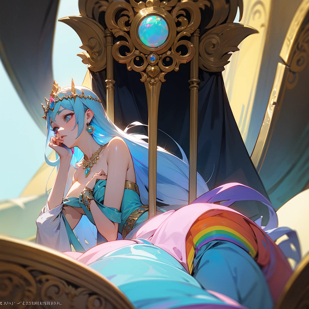 high resolution、Princess of the Opal Kingdom。Neat and clean、There is an air of adult elegance、Opal jewel tiara、Gorgeous opal necklace、Gorgeous rainbow dress、Fantasy、like medieval europe。