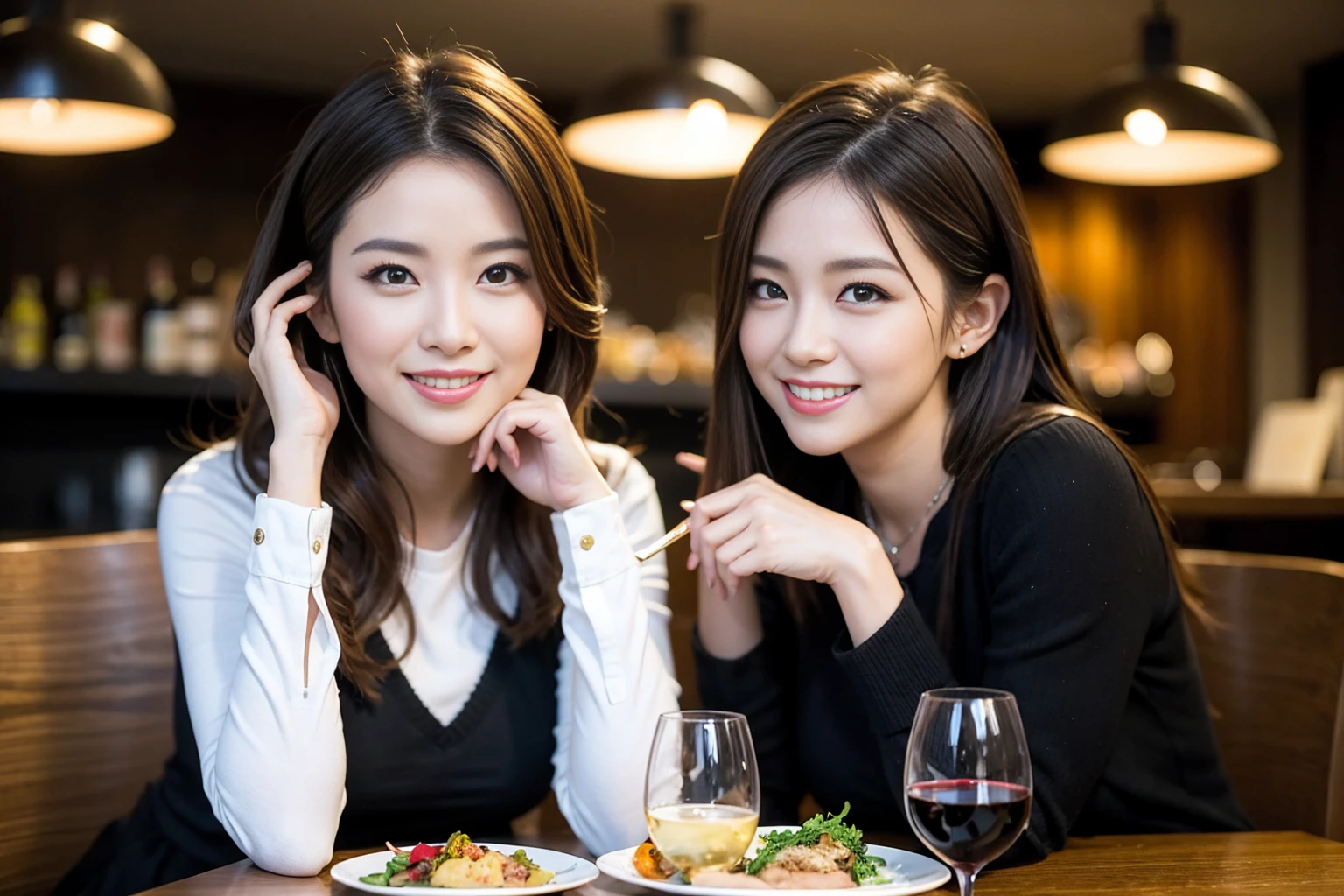 ((Highest quality、8K、masterpiece:1.3))、cute、slimカップル、modelカップル、actress男優、(Realistic, Intricate details:1.2), full-course dinner、Wine Party、Amazing view of the sunset sky and clouds、A bright smile、short hair,Bright Face、 (Age 37), Age 39,red wine 、Appetizers、Italian food、Wine bottle、Champagne、sparkling wine、Two beauties、Brown Hair、Shortcuts、Long sleeve shirt、dress、Beautiful woman 1, (slimな顔), (The body is slim), (Brown Hair), (Shortcuts), cheeks turn a little red,Attractive beauty、restaurant, In a prominent place (From the waist up) Nova Frog Style, actress, model, Upper Body, White wine, slim, wine glass, 中央に置かれたwine glass, smile, (smile: 1.15), Beautiful fine grain, Depth f/2,saturation, High Contrast, Strong light and shadow,Moist Body:1.5、3D texture、Delicate eyes、Brown Hair、The hair is very shiny、