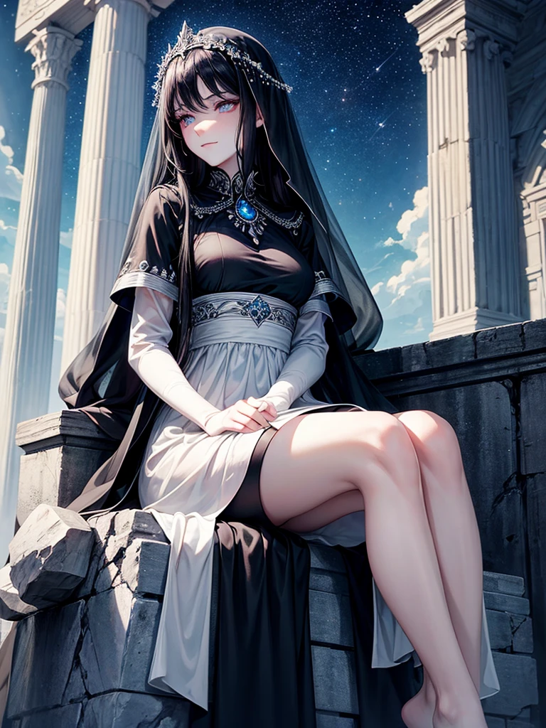 Beautiful, majestic, melancholic, woman, solo-girl, long black hair, pale white skin, indigo eyes, narrow eyes, sly smile, (black dress:1.1), (black and blue veil:1.1), sitting on a stone pillar, dark ancient temple, starry sky in background, rays of moonlight