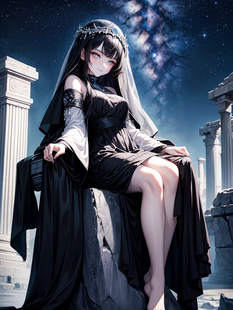 Beautiful, majestic, melancholic, woman, solo-girl, long black hair, pale white skin, indigo eyes, narrow eyes, sly smile, (black dress:1.1), (black and blue veil:1.1), sitting on a stone pillar, dark ancient temple, starry sky in background, rays of moonlight