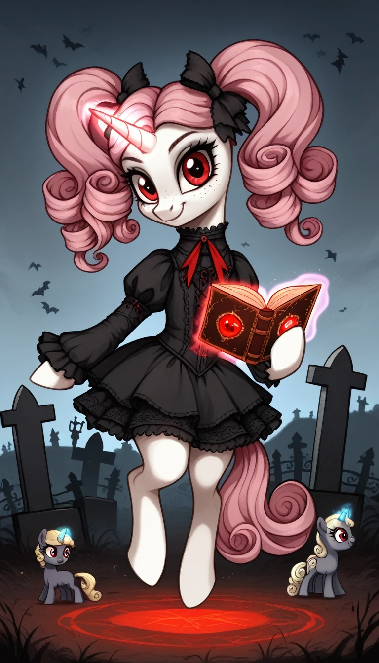 score_9,score_8_up,score_7_up,score_6_up, filly, unicorn, white fur, curly blonde hair, pink hair streaks, twintails, freckles, red eyes, Gothic pony, lolita fashion, glowing backlight, fashion show, graveyard scene, glitter, whimsical, enchanted, magical, fantasy art concept, intricate details, evil smile, floating, holding spell book, glowing horn,