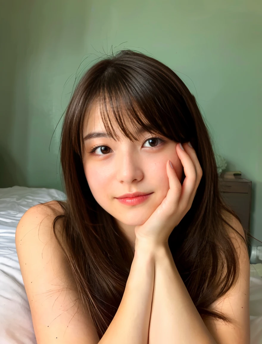 Japanese、Beauty、24-years-old、Completely naked、(Wink:1.2)、round face、plump body、bedroom、bright hair color、Selfie with both hands、selfie、Moist eyes、gentle expression、spread legs、pamper、