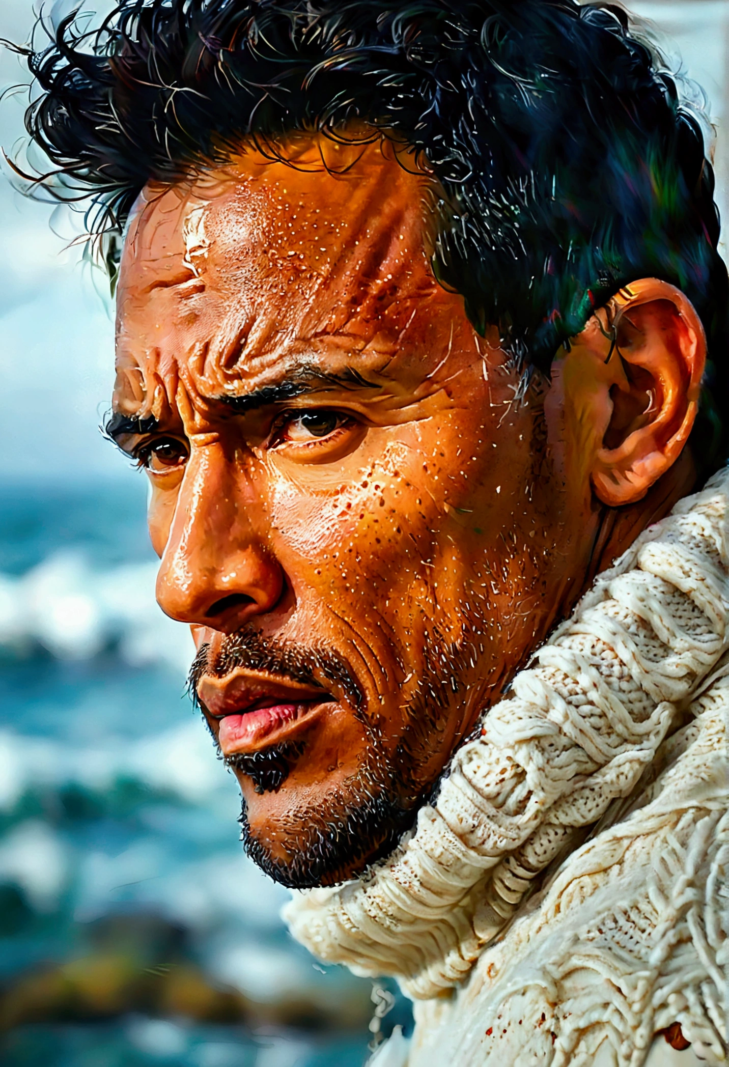 portrait of a stout man&#39;s face (Dwayne 'The Rock' Johnson :1.3), (Facial Focus:1.5), (tempest:1.2), (ripples:1.3), ocean, (lighthouse background:1.3), (cowboy shot:1.4), (white knit sweater with turtleneck:1.3), gazing at viewer, realisitic, work of art, highest quallity, backlight, (Lens flare:1.1), (blossom:1.1), (Chromatic aberration:1.1), por Jeremy Lipking, by Antonio J.. Manzanedo, digitalpainting