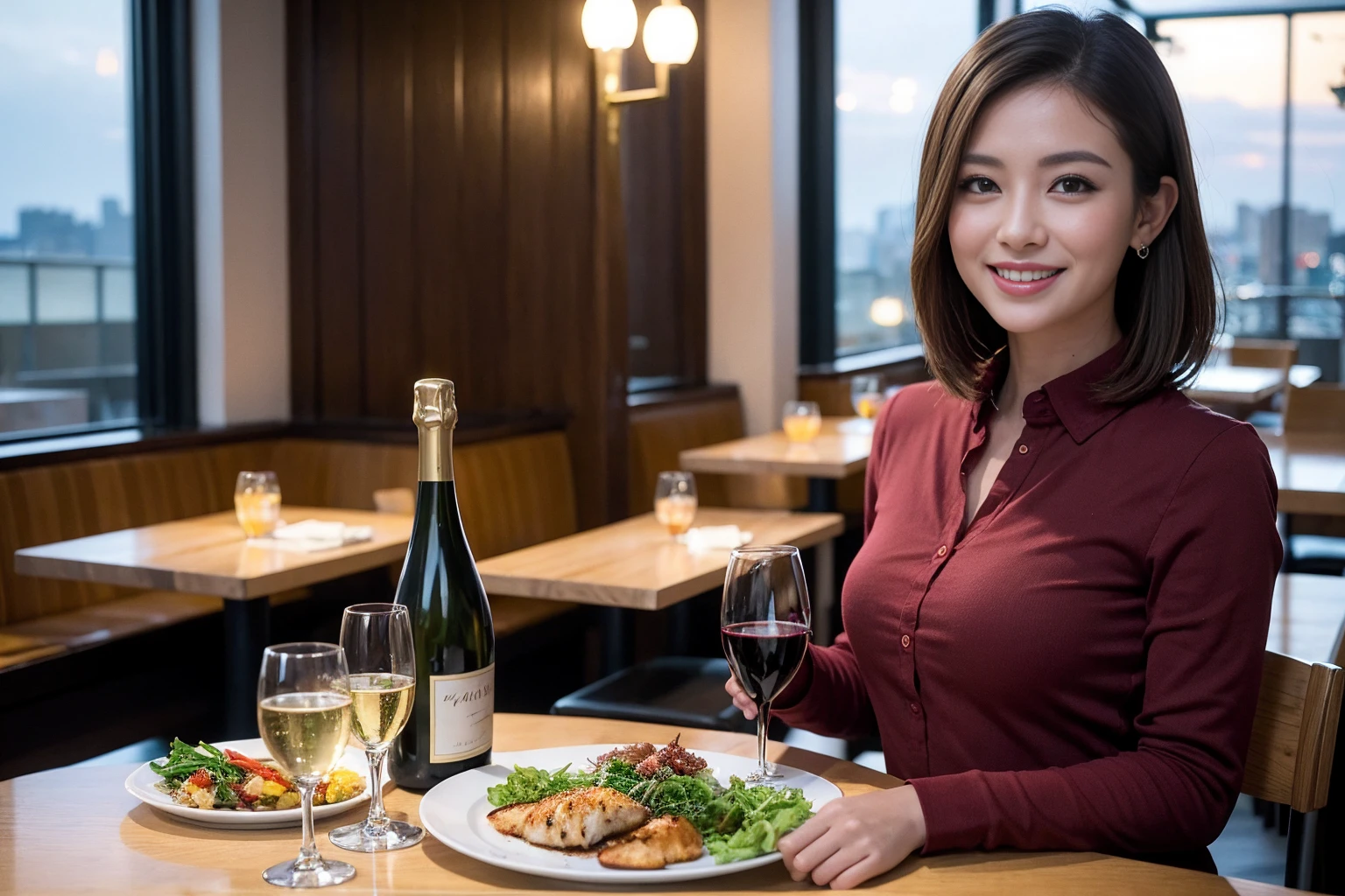 ((Highest quality、8K、masterpiece:1.3))、cute、slimカップル、modelカップル、actress男優、(Realistic, Intricate details:1.2), full-course dinner、Wine Party、Amazing view of the sunset sky and clouds、A bright smile、short hair,Bright Face、 (Age 37), Age 42, red wine 、Appetizers、Italian food、Wine bottle、Champagne、sparkling wine、Two beauties、Brown Hair、Shortcuts、Long sleeve shirt、dress、Beautiful woman 1, (slimな顔), (The body is slim), (Brown Hair), (Shortcuts), cheeks turn a little red,Attractive beauty、restaurant, In a prominent place (From the waist up) Nova Frog Style, actress, model, Upper Body, White wine, slim, wine glass, 中央に置かれたwine glass, smile, (smile: 1.15), Beautiful fine grain, Depth f/2,saturation, High Contrast, Strong light and shadow,Moist Body:1.5、3D texture、Delicate eyes、Brown Hair、The hair is very shiny、