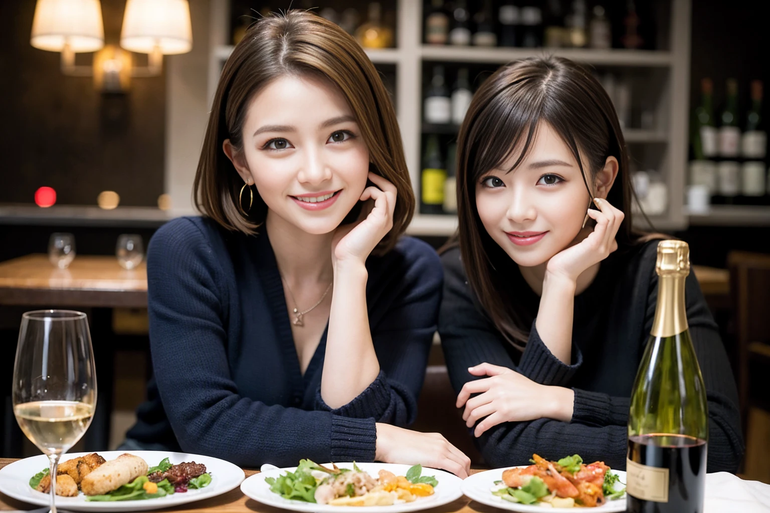 ((Highest quality、8K、masterpiece:1.3))、cute、slimカップル、modelカップル、actress男優、(Realistic, Intricate details:1.2), full-course dinner、Wine Party、Amazing view of the sunset sky and clouds、A bright smile、short hair,Bright Face、 (Age 37), Age 42, red wine 、Appetizers、Italian food、Wine bottle、Champagne、sparkling wine、Two beauties、Brown Hair、Shortcuts、Long sleeve shirt、dress、Beautiful woman 1, (slimな顔), (The body is slim), (Brown Hair), (Shortcuts), cheeks turn a little red,Attractive beauty、restaurant, In a prominent place (From the waist up) Nova Frog Style, actress, model, Upper Body, White wine, slim, wine glass, 中央に置かれたwine glass, smile, (smile: 1.15), Beautiful fine grain, Depth f/2,saturation, High Contrast, Strong light and shadow,Moist Body:1.5、3D texture、Delicate eyes、Brown Hair、The hair is very shiny、