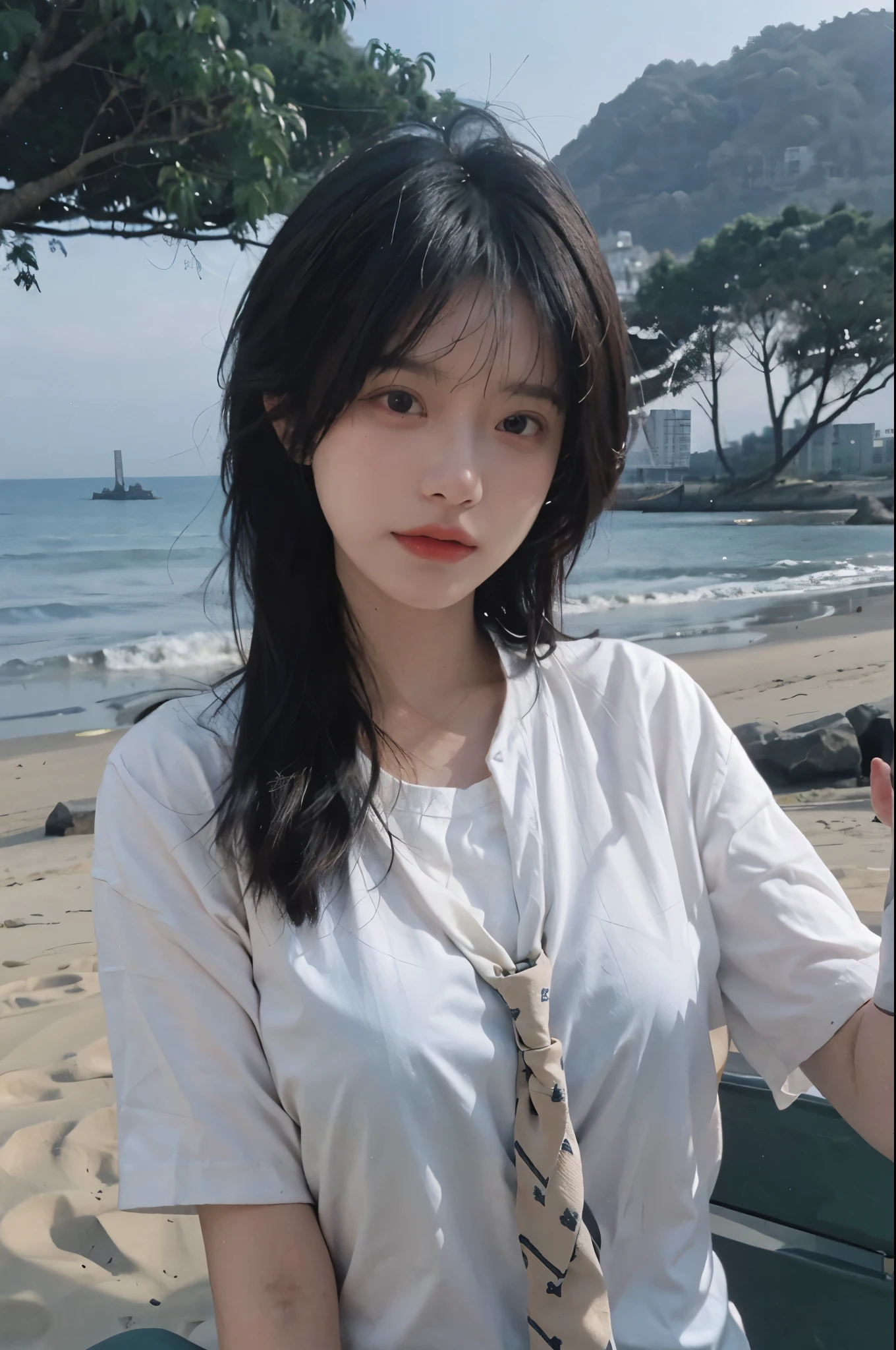 Best quality,masterpiece,Ultra-high resolution,16K,Beach Background,(Photo Realism:1.4),1 Girl,JK,Sexy,(Shirt and Tie:1.2),(Big breasts:1.3),(Upper body:1.4)