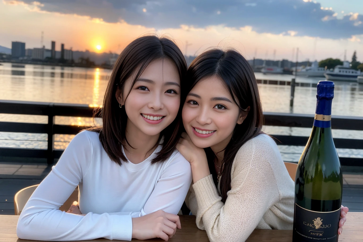 ((Highest quality、8K、masterpiece:1.3))、1 male 1 female,37 years old 39 years old、Slim Beauty、Beautiful couple、Upper Body、smile、 (Slim face), (the body is スリム), (Brown Hair), (Shortcuts), テーブルのフルコースディナーとwine glass、Amazing view of the sunset sky and clouds、smileの美しさ、Wine bottle、sparkling wine、Long sleeve shirt、dress、White wine, red wine, wine glass, Beautiful fine grain, Depth f/2,saturation, High Contrast, Strong light and shadow,Moist Body:1.5、 texture、The hair is very shiny、