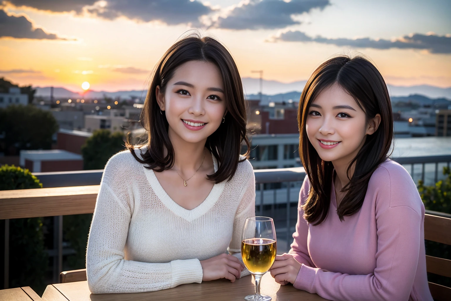 ((Highest quality、8K、masterpiece:1.3))、1 male 1 female,37 years old 39 years old、Slim Beauty、Beautiful couple、Upper Body、smile、 (Slim face), (the body is スリム), (Brown Hair), (Shortcuts), テーブルのフルコースディナーとwine glass、Amazing view of the sunset sky and clouds、smileの美しさ、Wine bottle、sparkling wine、Long sleeve shirt、dress、White wine, red wine, wine glass, Beautiful fine grain, Depth f/2,saturation, High Contrast, Strong light and shadow,Moist Body:1.5、 texture、The hair is very shiny、