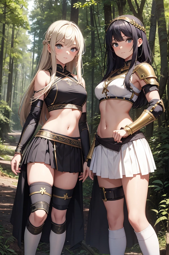 young greek warriors girls in togas , only girls , forest in the background , light armor , elbow pads, knee pads, shoulder pads, black armor , sandals , sexy, exposed belly, muscular girl, defined abdomen,stomach, multiple girls, midriff, looking at viewer , long hair, bare shoulders, white skirt, skirt, outdoors, sandals