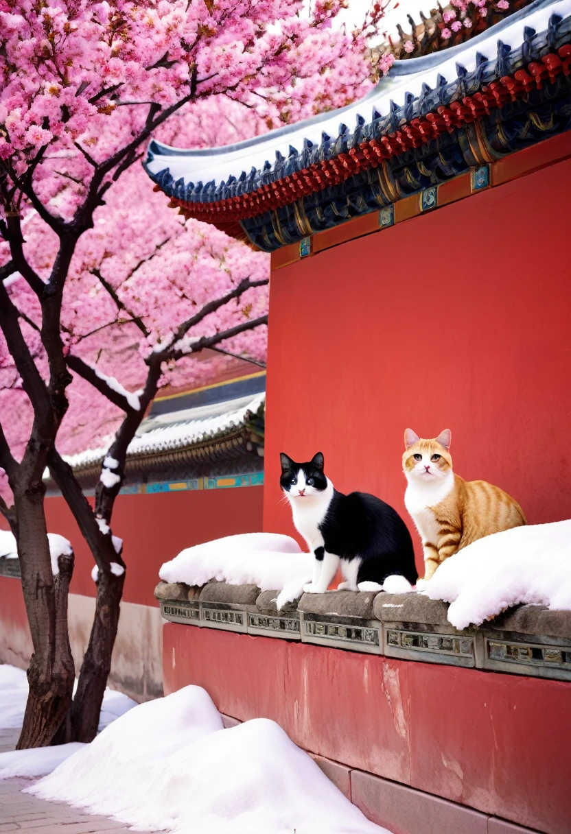 Cats, the Forbidden City, red wall, with a cherry blossom tree, with big snow, national geographic photo, kuromicore, colorful fauna, flickr