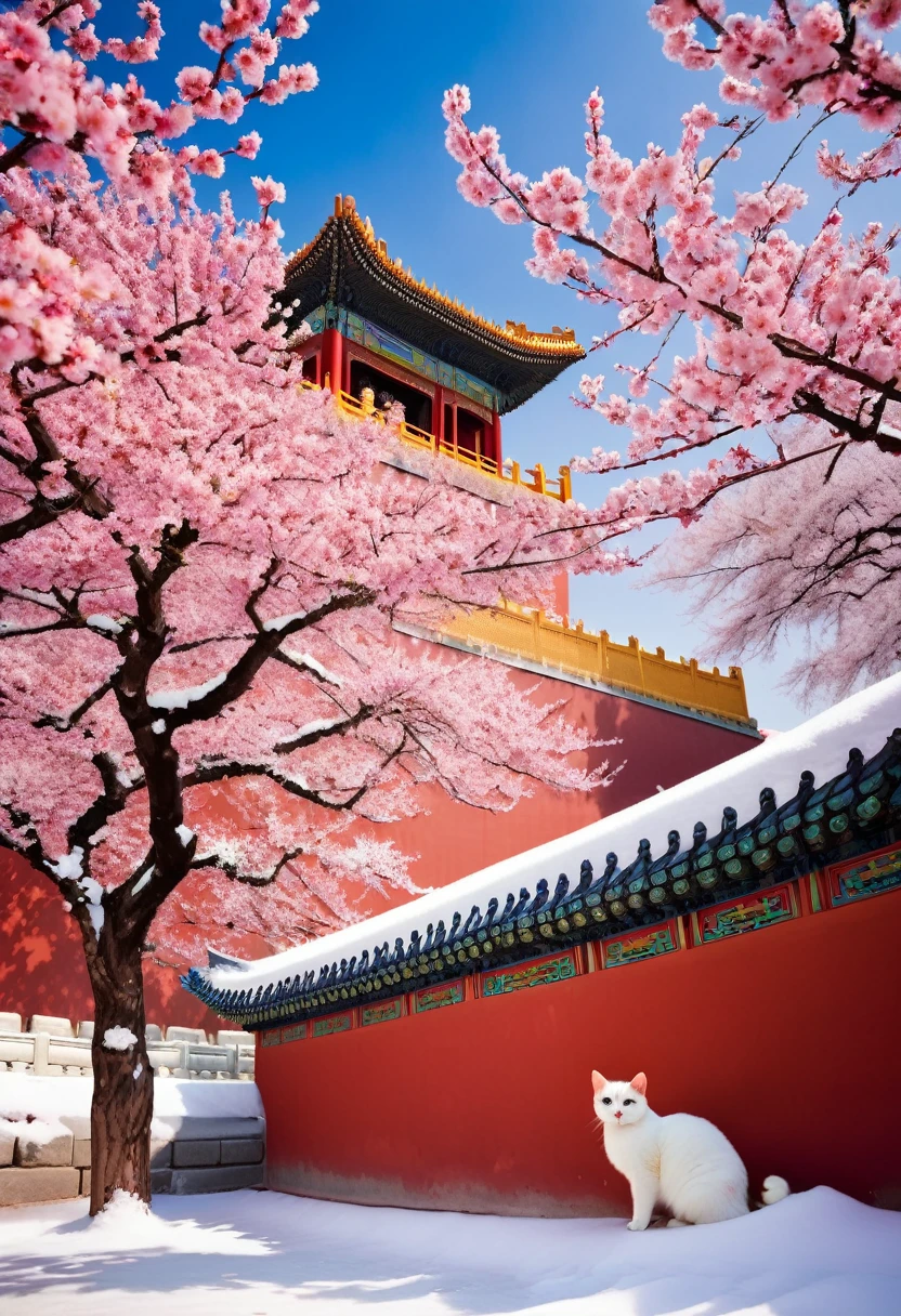 Cats, the Forbidden City, red wall, with a cherry blossom tree, with big snow, national geographic photo, kuromicore, colorful fauna, flickr