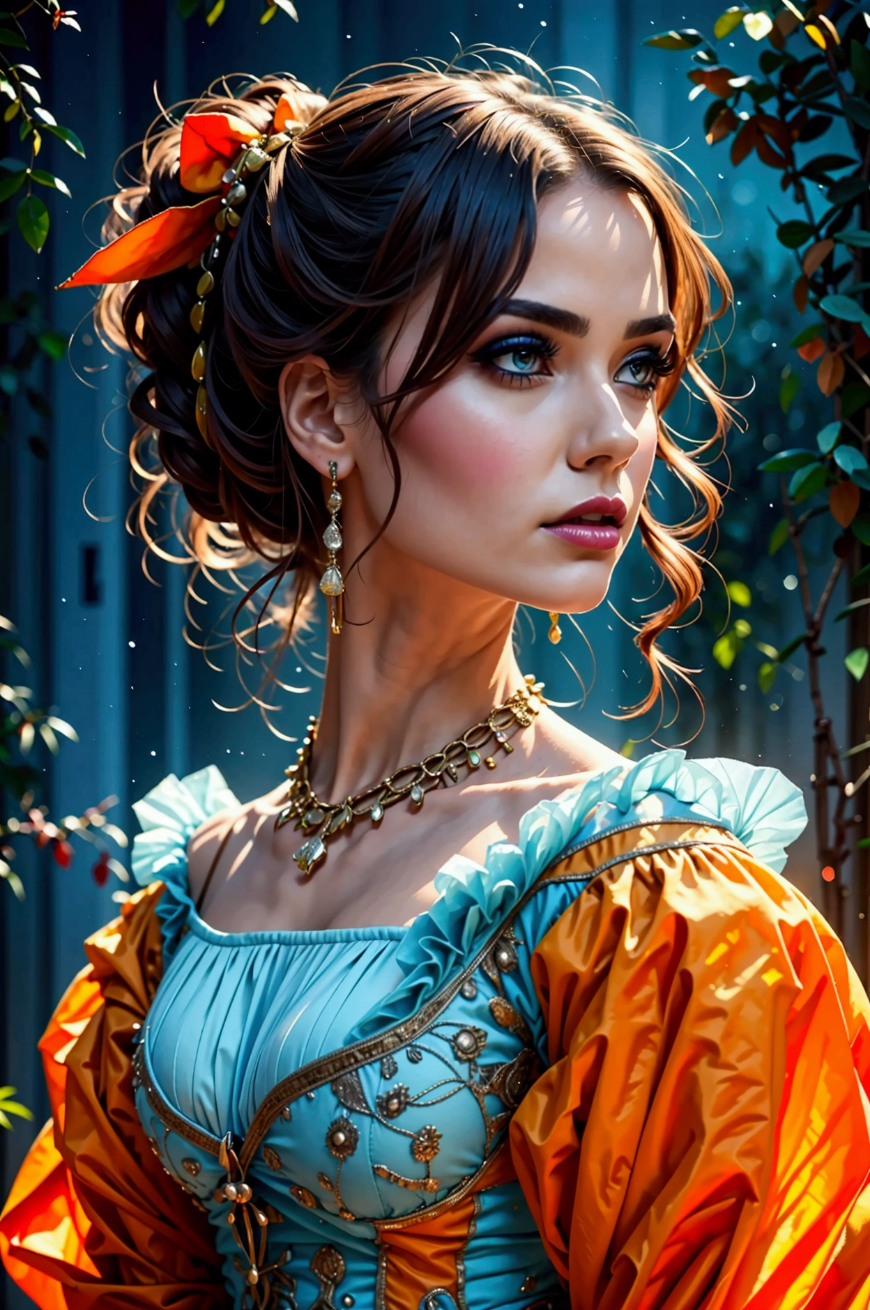 a woman in 1880s dress, a woman in 1980s outfit, a woman in 2180s futuristic outfit, masterpiece, highly detailed, photorealistic, cinematic lighting, dramatic lighting, intricate details, fashion illustration, oil painting, studio lighting, ultra-detailed