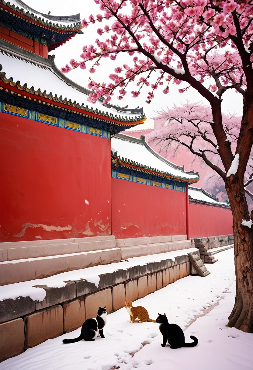 Cats, the Forbidden City, red wall, with a cherry blossom tree, with big snow, national geographic photo, kuromicore, colorful fauna, flickr