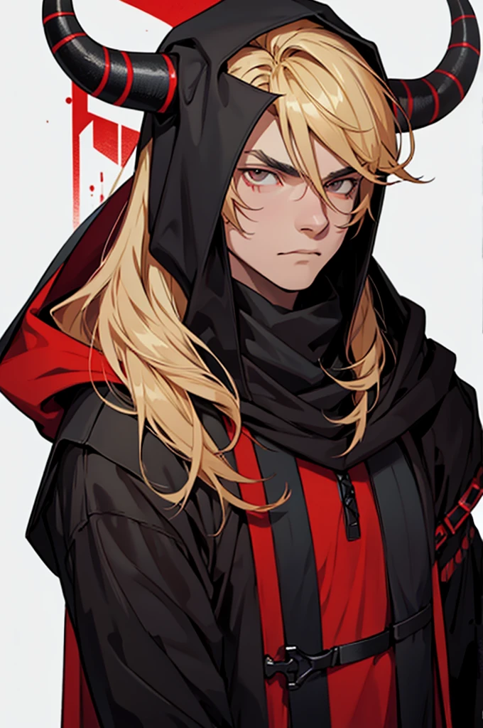 Teenager, red horns, black eyes, imposing face, blond hair, with black cloak with hood on his head