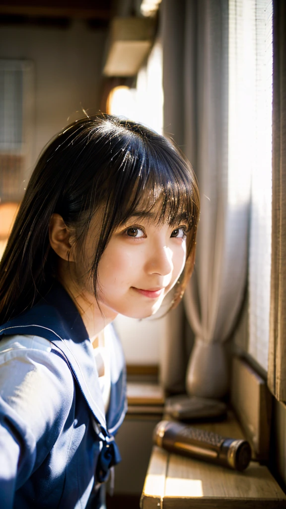 (Highest quality,masterpiece:1.3,Ultra-high resolution),(Very detailed,Caustics,8K),(Realistic:1.4,RAW shooting),(School classroom),(Girl resting her chin on the desk),Sit on a chair,18-year-old,cute,Japanese,Looking into the camera,Black hair ponytail,Sailor suit,(The light coming in from the window illuminates the girl:1.1),(Curtains swaying in the wind),(Bust up shot),(Face Focus),(Face close-up),Low position,Low Angle,Natural light,Smile,