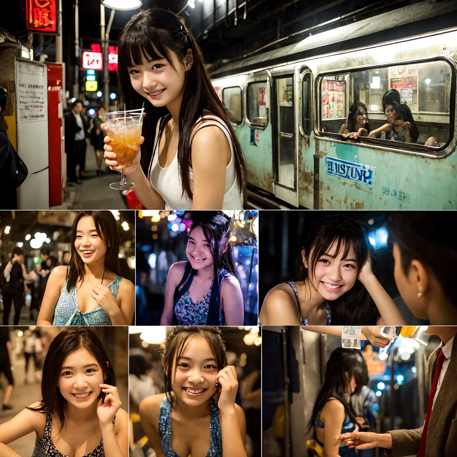 (masterpiece、Highest quality)、(Photorealistic photography)、1 picture、(Japan's dimly lit underground mall)、Japan favelas、13 years old、、Showa Retro、Detailed and cute face、((Poor conditions))、(Underground hot spring facilities)、shaved ice、Sale of drinks、Unsanitary and dim、(stage)、(Big bath)、Shady Red Light District、diet、(Many female junior high school students)、(Prostitute)、へにょへにょしたsmile、Happy schoolchildren、Perfect Anatomy、smile