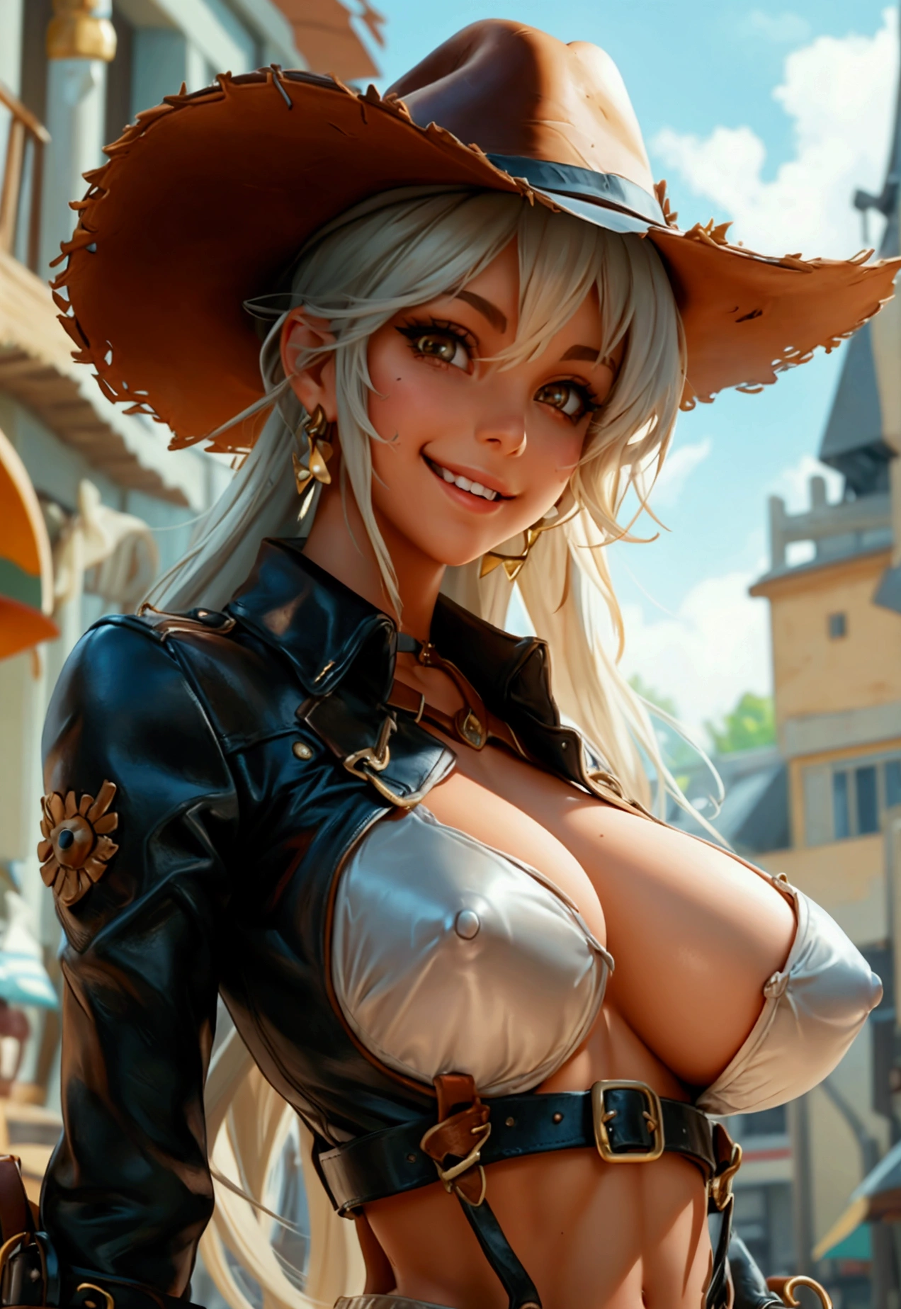 Generates a woman dressed as a cowgirl with leather clothing and her genitals visible topless nude and nipples big-boobs smile