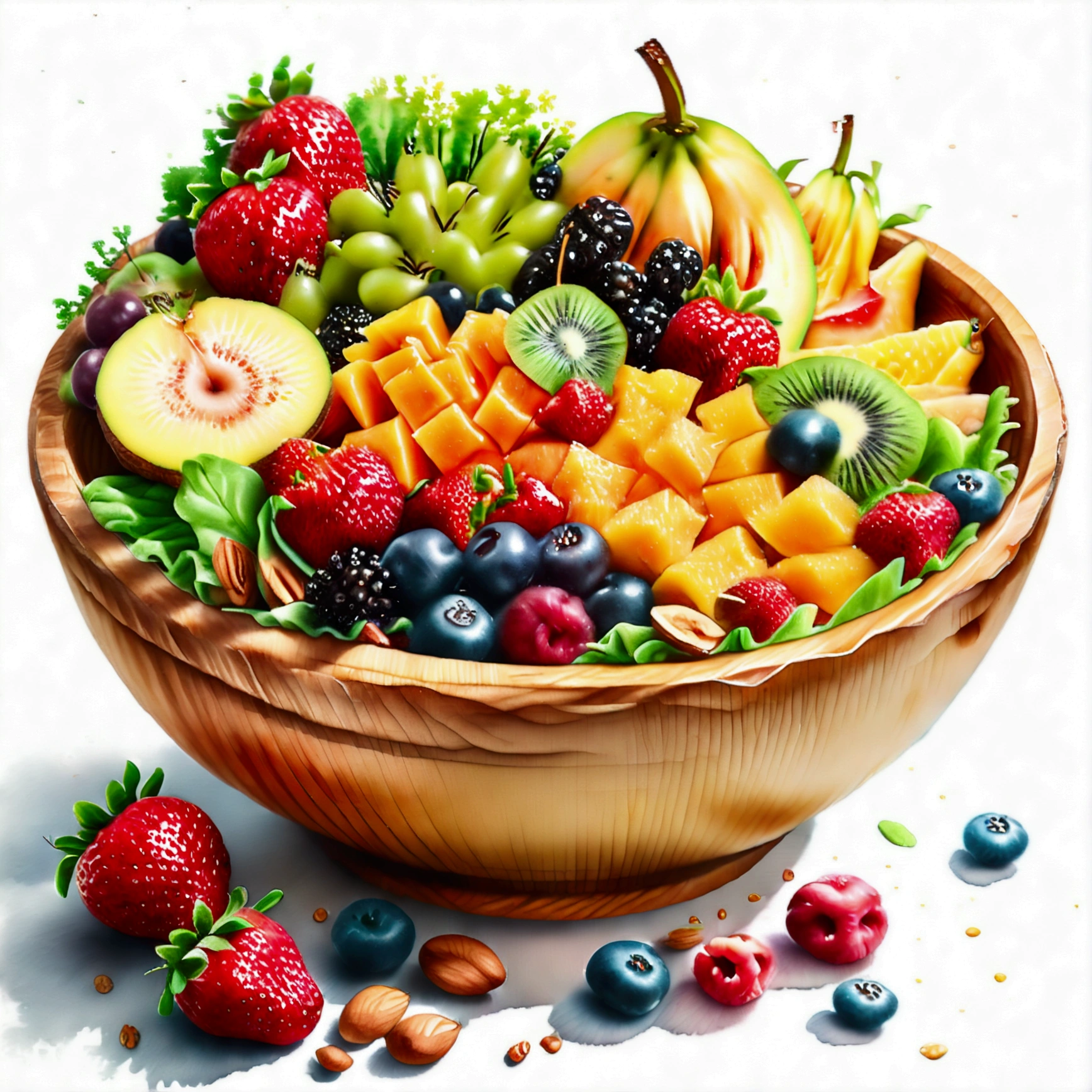There is bowl of salad made of different fruit , fresh and creamy, served in fancy wooden bowl, illustration, baking ingredients, isolated with solid white background, surrounded with negative space, centered composition, highest detailed painting, very precise line, Isolated, clear solid white background, perspective angle of view, ((watercolor:1.5)), (lora:add-detail-xl:1), (masterpiece), (best quality), no bread on the floor, washed out color