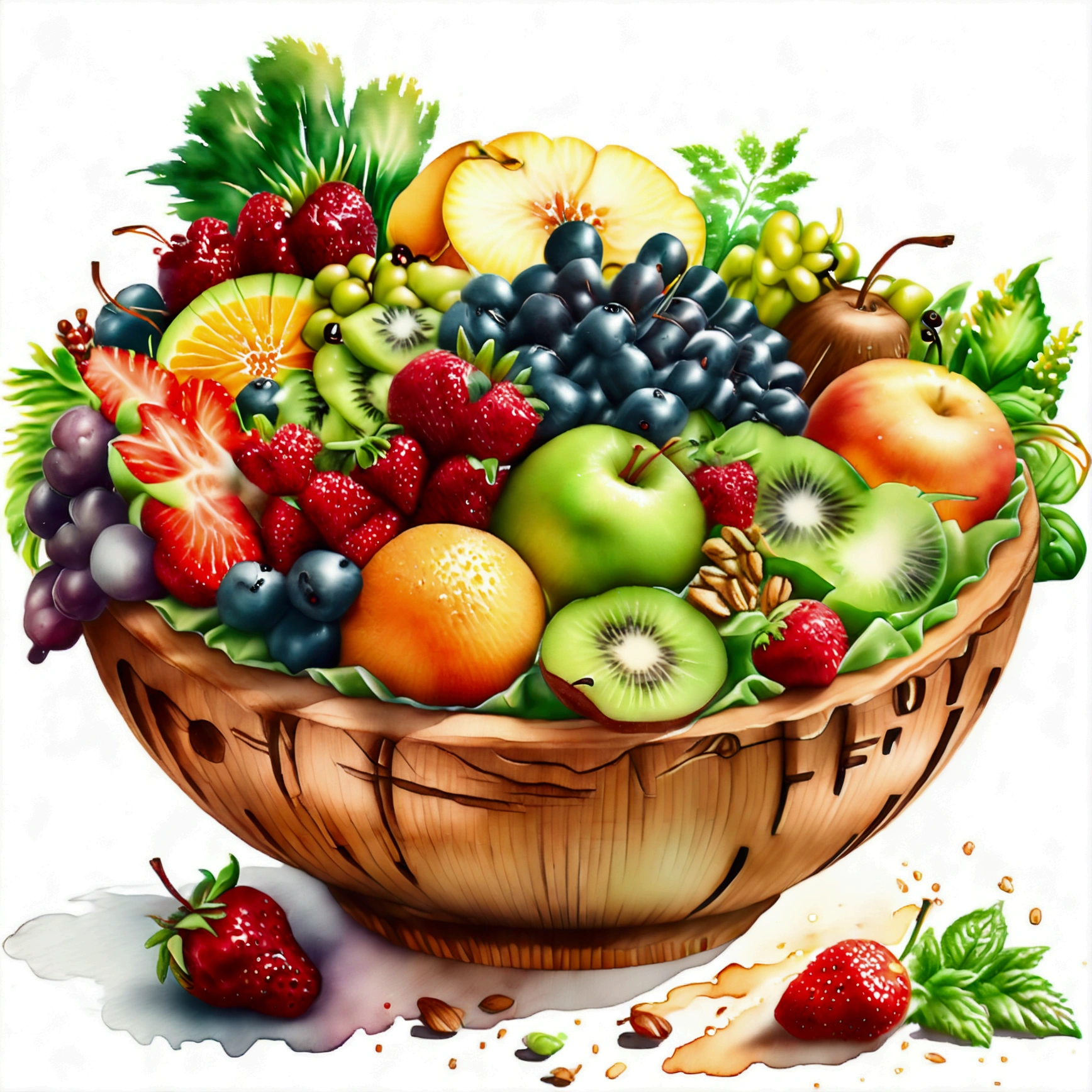 There is bowl of salad made of different fruit , fresh and creamy, served in fancy wooden bowl, illustration, baking ingredients, isolated with solid white background, surrounded with negative space, centered composition, highest detailed painting, very precise line, Isolated, clear solid white background, perspective angle of view, ((watercolor:1.5)), (lora:add-detail-xl:1), (masterpiece), (best quality), no bread on the floor, washed out color