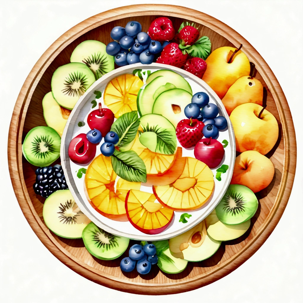 There is bowl of salad made of different fruit , fresh and creamy, served in fancy wooden bowl, illustration, baking ingredients, isolated with solid white background, surrounded with negative space, centered composition, highest detailed painting, very precise line, Isolated, clear solid white background, perspective angle of view, ((watercolor:1.5)), (lora:add-detail-xl:1), (masterpiece), (best quality), no bread on the floor, washed out color