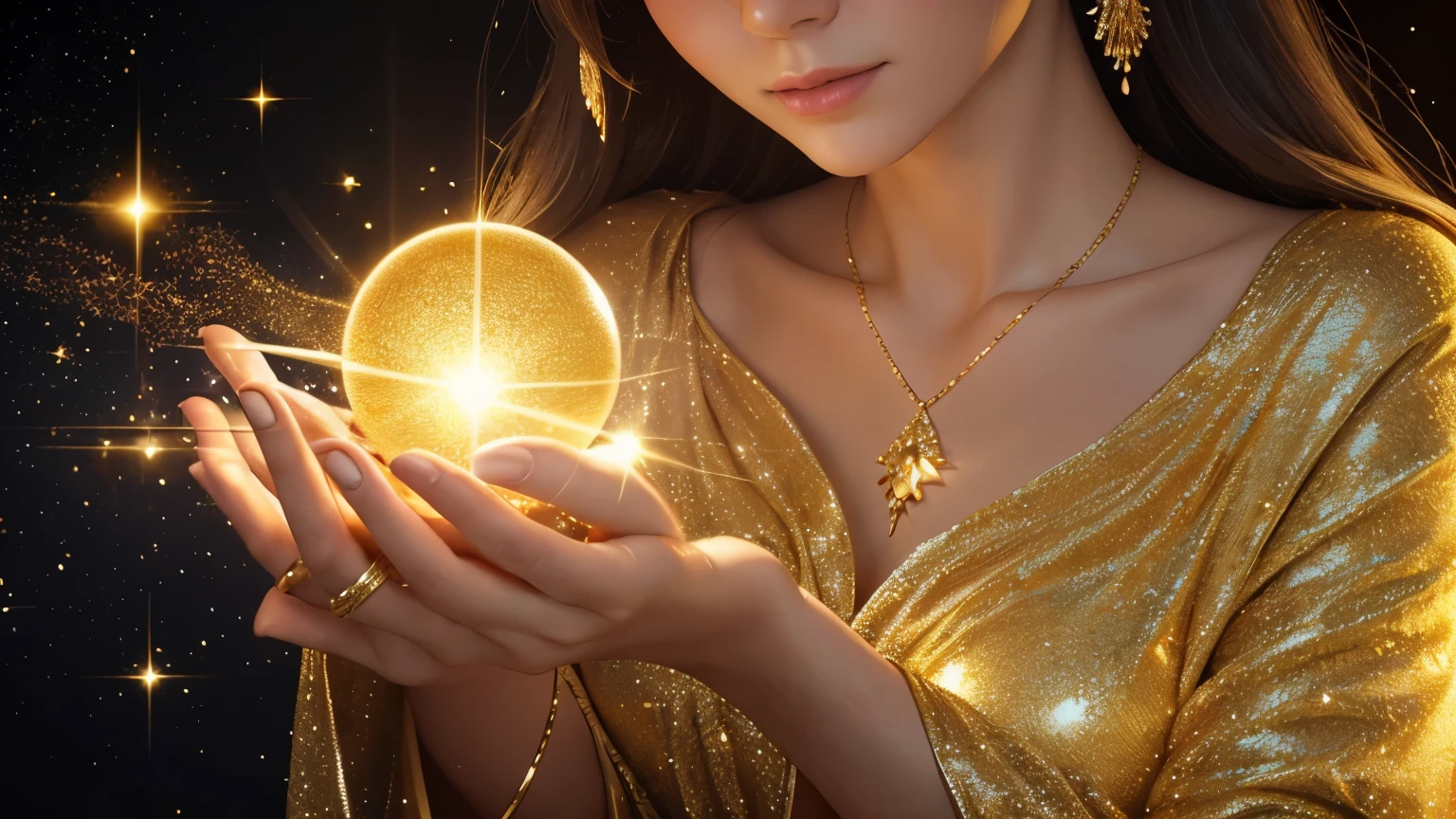 a close up of a woman holding a sparkle ball in her hand, gold ethereal light, glowing golden aura, emanating magic from her palms, yellow radiant magic, goddess of light, radiating golden light, golden aura, holy flame spell, magical light, glowing with magic, ethereal angelic being of light, bathed in golden light, emiting mystical light, filled with sparkling gold light and sprinkled gold particles