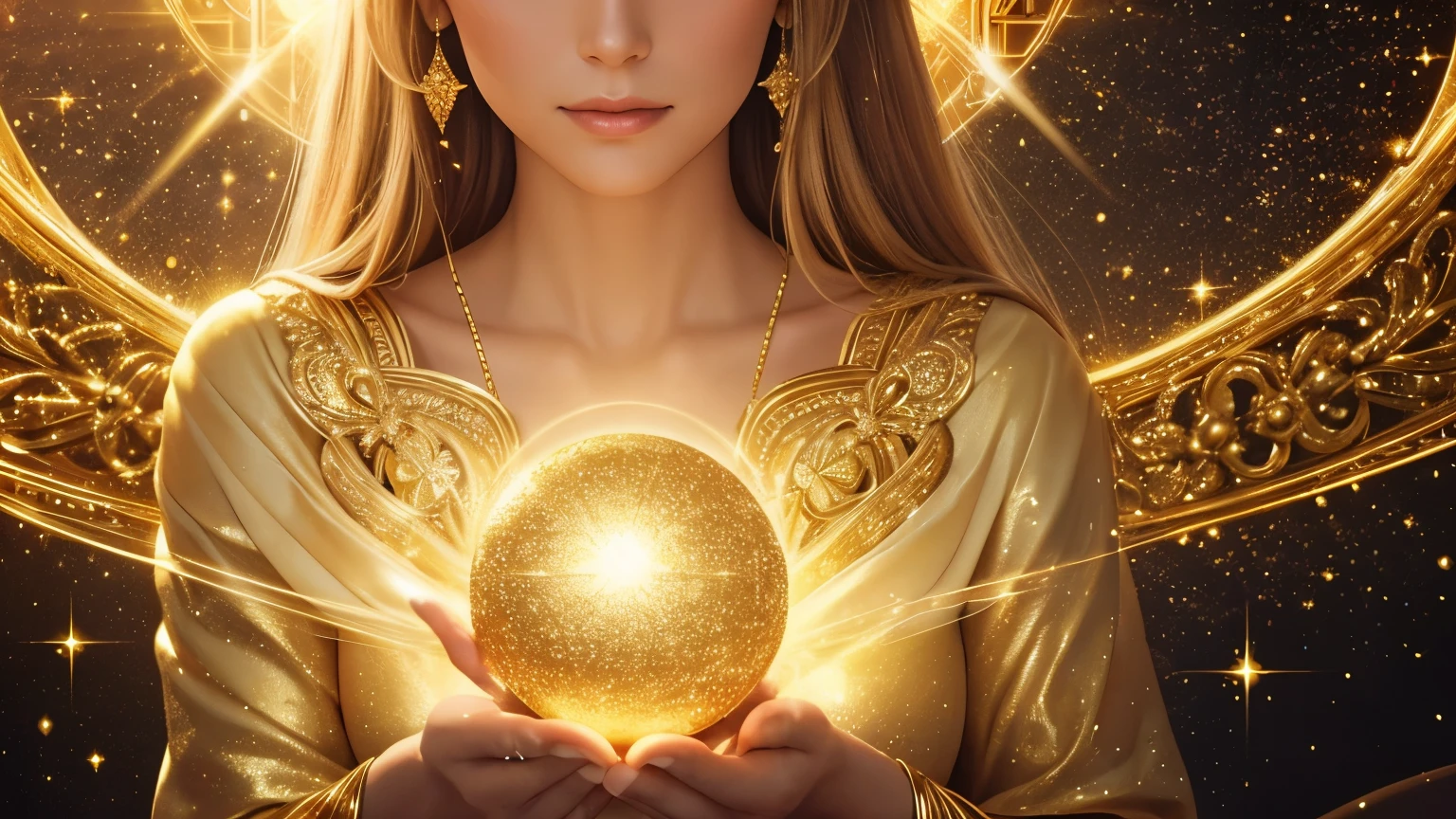 a close up of a woman holding a sparkle ball in her hand, gold ethereal light, glowing golden aura, emanating magic from her palms, yellow radiant magic, goddess of light, radiating golden light, golden aura, holy flame spell, magical light, glowing with magic, ethereal angelic being of light, bathed in golden light, emiting mystical light, filled with sparkling gold light and sprinkled gold particles