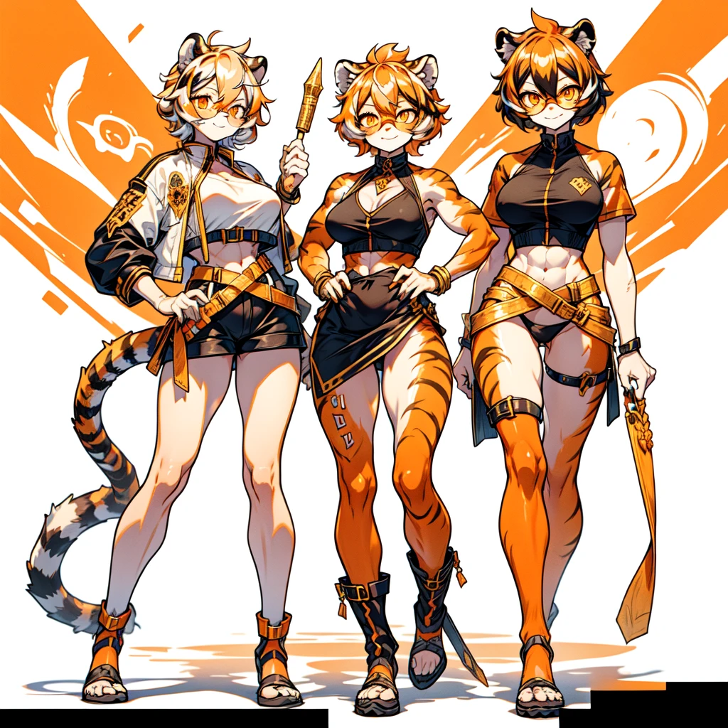 white background, full body, ((furry female:1.2)), Standing, animal ears, white hair, black hair, short hair, large breasts, muscle, tail, orange eyes, orange hair, multicolored hair, tiger girl, hair between eyes, tiger_ears, tiger_tail, orange-tinted_eyewear, tinted_eyewear, big breasts, evil smile, Shadows under feet, Abdominal muscles, (((Hooker outfit:1.2))), show body，Gold, lots of gold, gold ingots everywhere