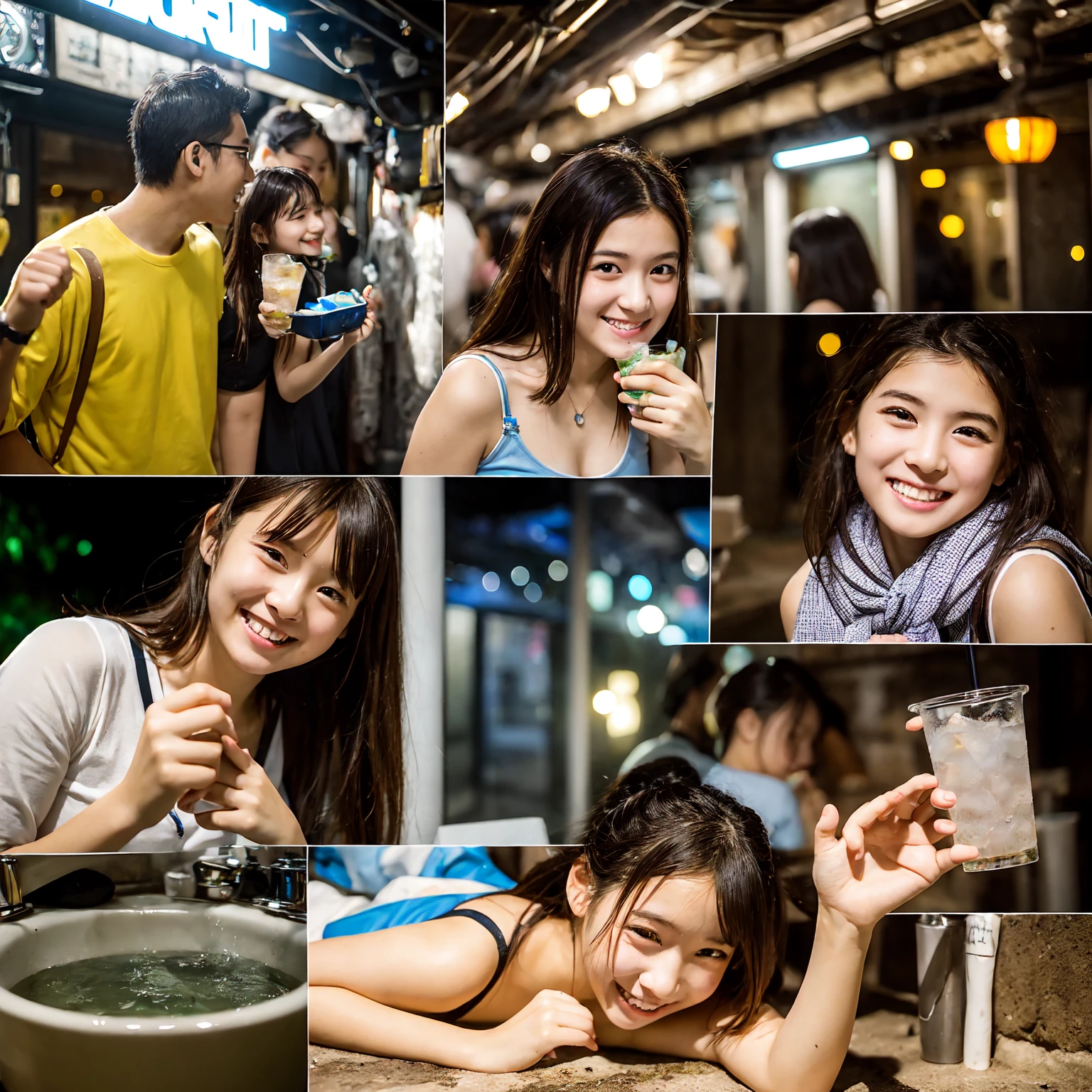 (masterpiece、Highest quality)、(Photorealistic photography)、1 picture、(Japan's dimly lit underground mall)、Japan favelas、13 years old、、Showa Retro、Detailed and cute face、((Poor conditions))、(Underground hot spring facilities)、shaved ice、Sale of drinks、Unsanitary and dim、(stage)、(Big bath)、Shady Red Light District、diet、(Many female junior high school students)、(Prostitute)、へにょへにょしたsmile、Happy schoolchildren、Perfect Anatomy、smile