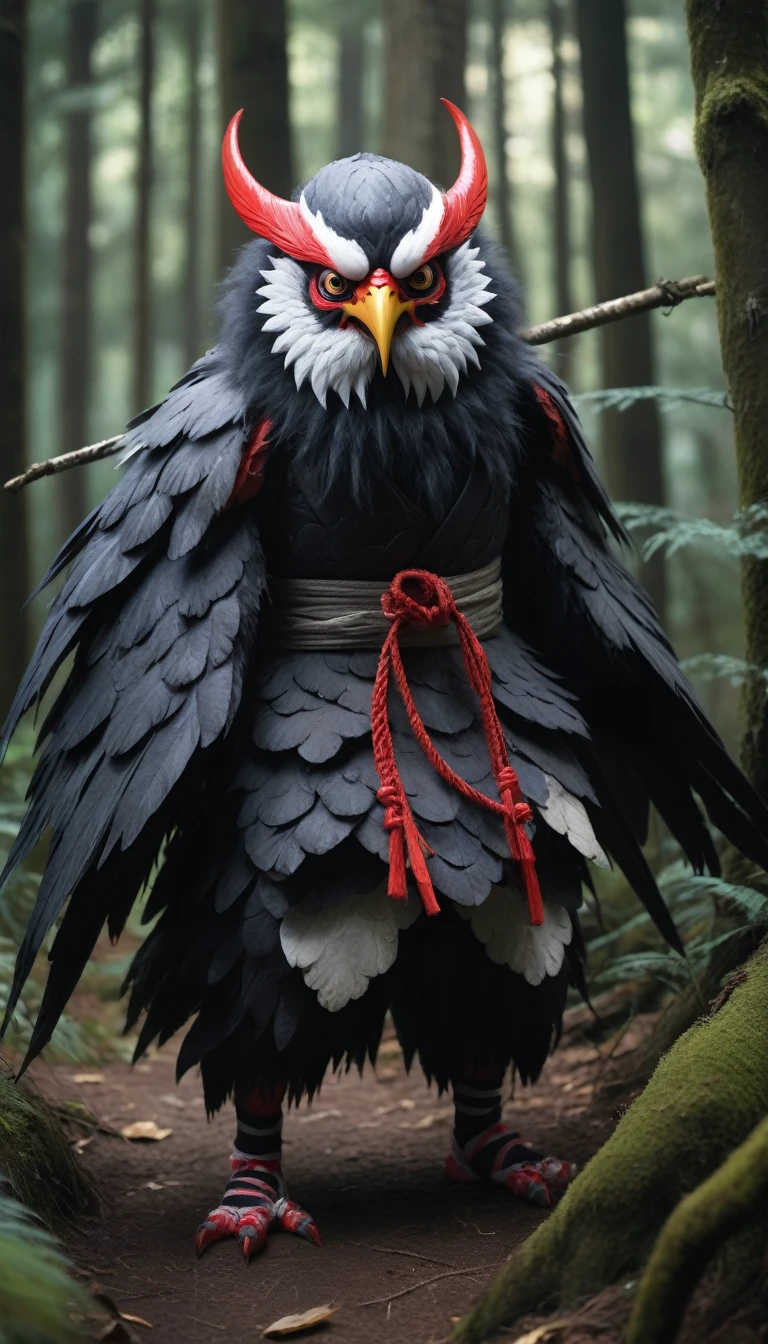 High resolution, Breathtakingly realistic images、Karasu Tengu, a traditional Japanese monster、in the forest