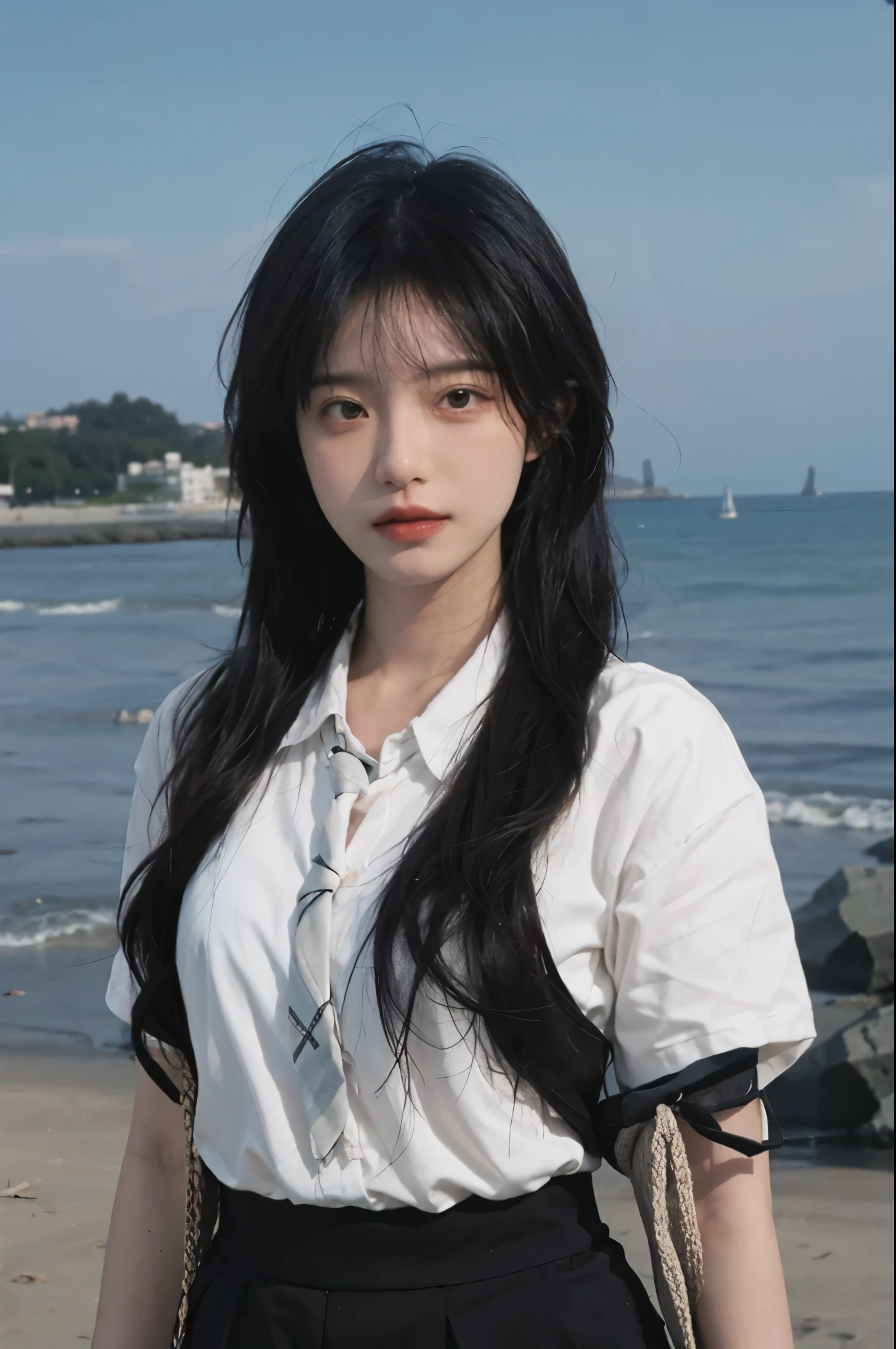 Best quality，masterpiece，Ultra-high resolution，16K,Beach Background，（Photo Realism：1.4),1 Girl，JK，Sexy，（Shirt and Tie：1.2),（Big breasts：1.3),（Upper body：1.4)