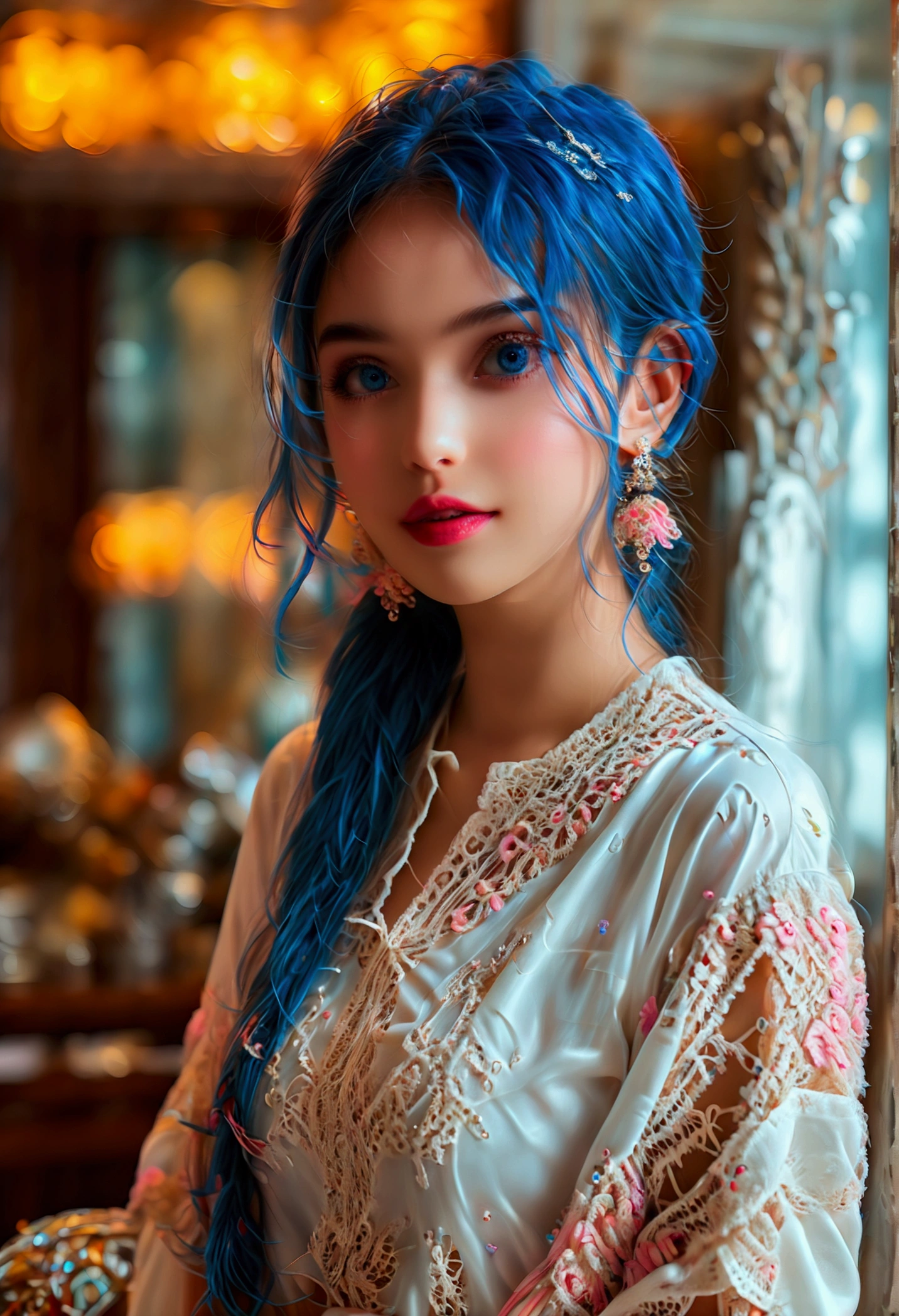 ultra photorealistic, beautiful 17 year old woman, has a mix of Asian and German looks, pigtail, blue hair color combination of pink, in braids. transparent white kebaya, elegant batik cloth bottoms, background of the living room of a hotel lobby, with writing (typography) ((Aniesa Putri Kencana)) Behind (like a board) with neon effect. (Masterpice), ((best quality, highly detailed face and skin)), ((expressive eyes, perfect face, detailed eyes, detailed lips, beautiful face, bigsmile:1.5))