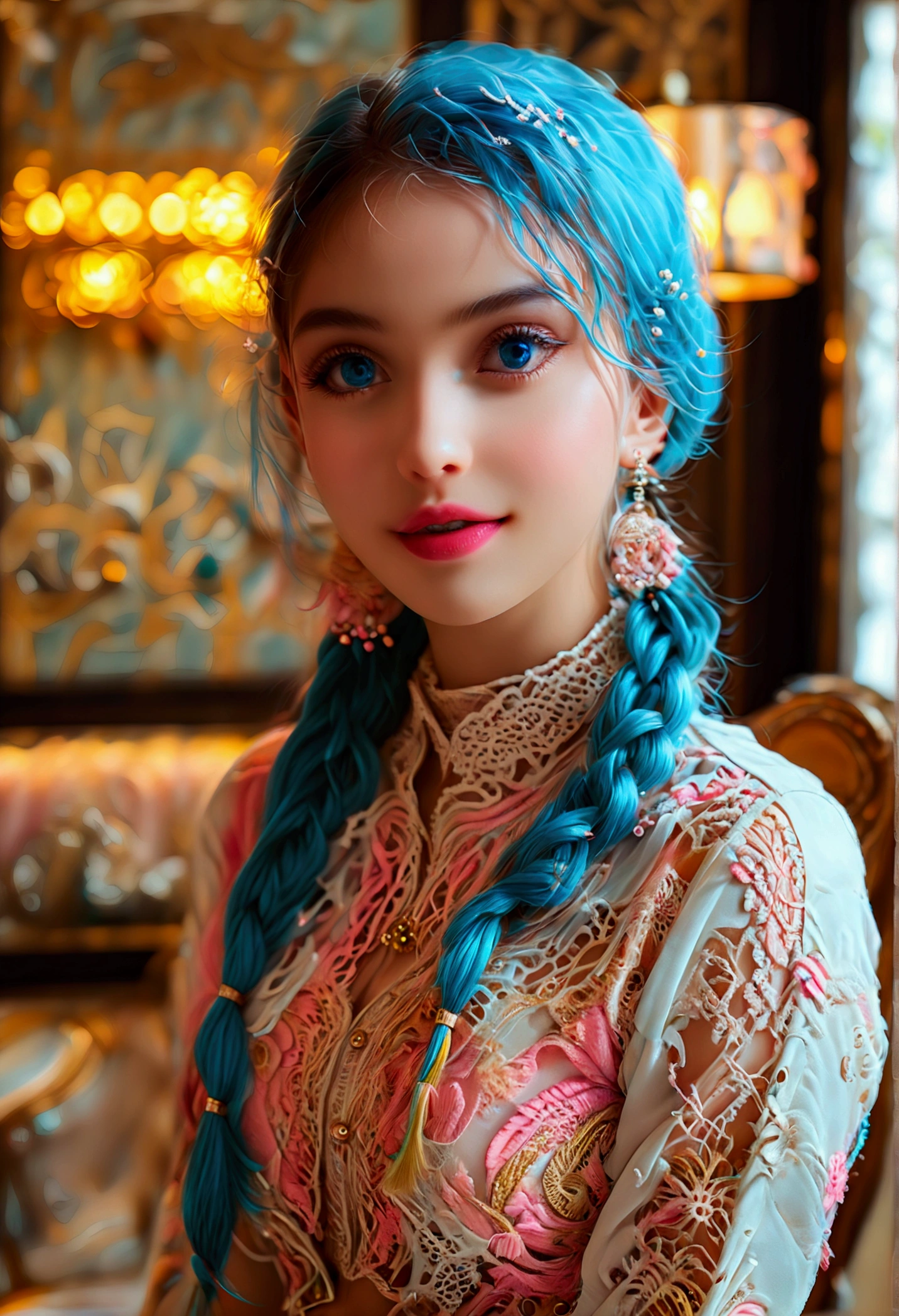 ultra photorealistic, beautiful 17 year old woman, has a mix of Asian and German looks, pigtail, blue hair color combination of pink, in braids. transparent white kebaya, elegant batik cloth bottoms, background of the living room of a hotel lobby, with writing (typography) ((Aniesa Putri Kencana)) Behind (like a board) with neon effect. (Masterpice), ((best quality, highly detailed face and skin)), ((expressive eyes, perfect face, detailed eyes, detailed lips, beautiful face, bigsmile:1.5))