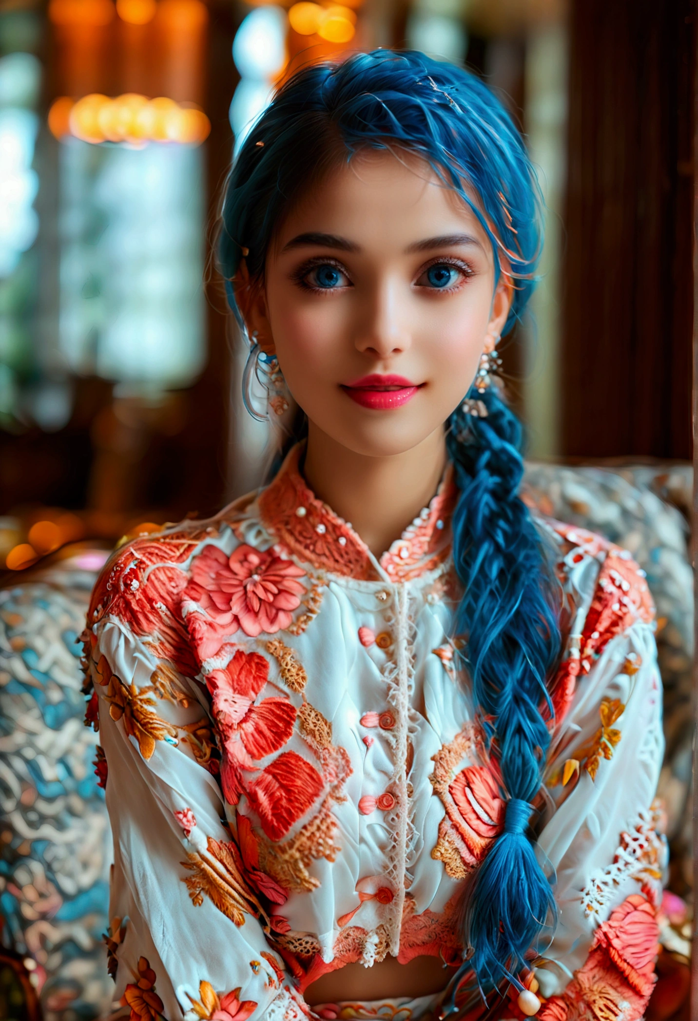 ultra photorealistic, beautiful 17 year old woman, has a mix of Asian and German looks, pigtail, blue hair color combination of pink, in braids. transparent white kebaya, elegant batik cloth bottoms, background of the living room of a hotel lobby, with writing (typography) ((Aniesa Putri Kencana)) Behind (like a board) with neon effect. (Masterpice), ((best quality, highly detailed face and skin)), ((expressive eyes, perfect face, detailed eyes, detailed lips, beautiful face, bigsmile:1.5))