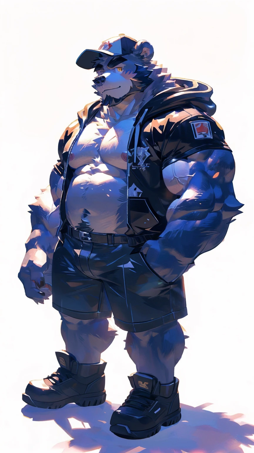 (masterpiece:1.2), best quality,pixiv,official art,perfect anatomy, (Ray tracing, light),solo, (1_male:1.3) , (muscle), (grey fur:1.4), (muscle bear), (beard:1.2), (gleaming golden eyes), bear tail, full body, Thick black eyebrows, baseball cap, (open short hoodie), (naked inside),Ripped short jeans, black short boots, (pure white background: 1.3)