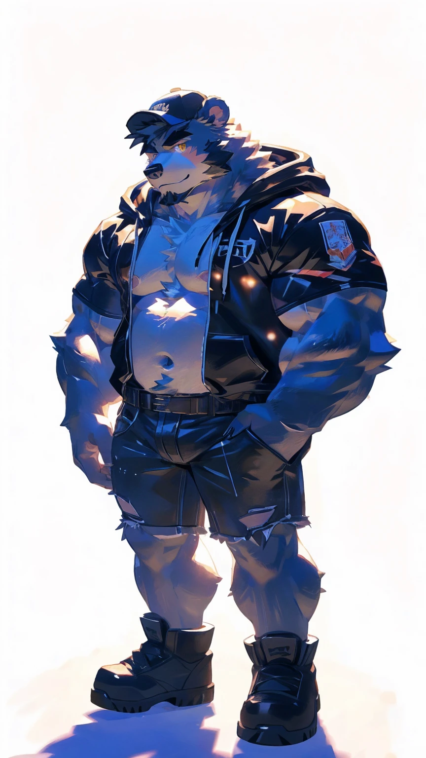 (masterpiece:1.2), best quality,pixiv,official art,perfect anatomy, (Ray tracing, light),solo, (1_male:1.3) , (muscle), (grey fur:1.4), (muscle bear), (beard:1.2), (gleaming golden eyes), bear tail, full body, Thick black eyebrows, baseball cap, (open short hoodie), (naked inside),Ripped short jeans, black short boots, (pure white background: 1.3)