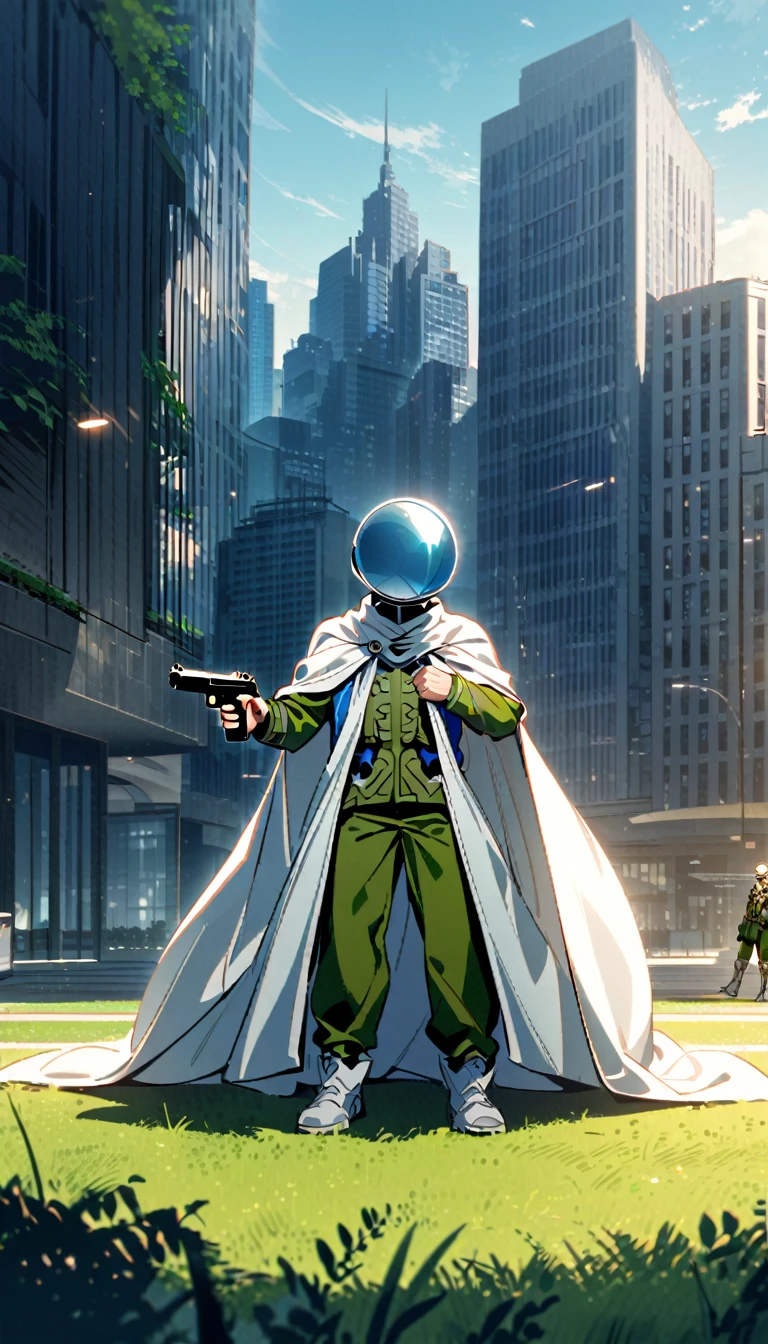 Two men，A short, thin man wearing a spherical glass opaque helmet, a blue shirt and green khaki pants, holding a pistol，And a strong man wearing a blue mask, a white cape, a white cloak, a futuristic white boots and soft armor, holding a sword，On the city lawn，Afternoon，dim tone